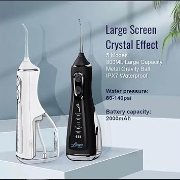 LaserGlow Cordless Water Flosser with LCD Screen, 5 Cleaning Modes, 50-Day Battery Life, IPX7 Waterproof, 300ml Tank (Satin Black)
