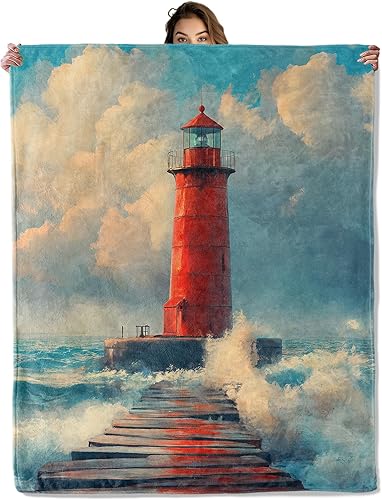 Lighthouse Coastal Ocean - Manta de franela de 50 x 60 pulgadas, para viajes, camping, sofá, sala de estar, ligera, acogedora, suave, mullida,
