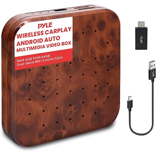 Pyle Wireless CarPlay & Android Auto Box – 4GB RAM 64GB ROM, Dual-Band WiFi, Bluetooth 5.0, GPS/GLONASS, 4K Full HD, Screen Mirroring, USB3.0, Google Play App Install Support