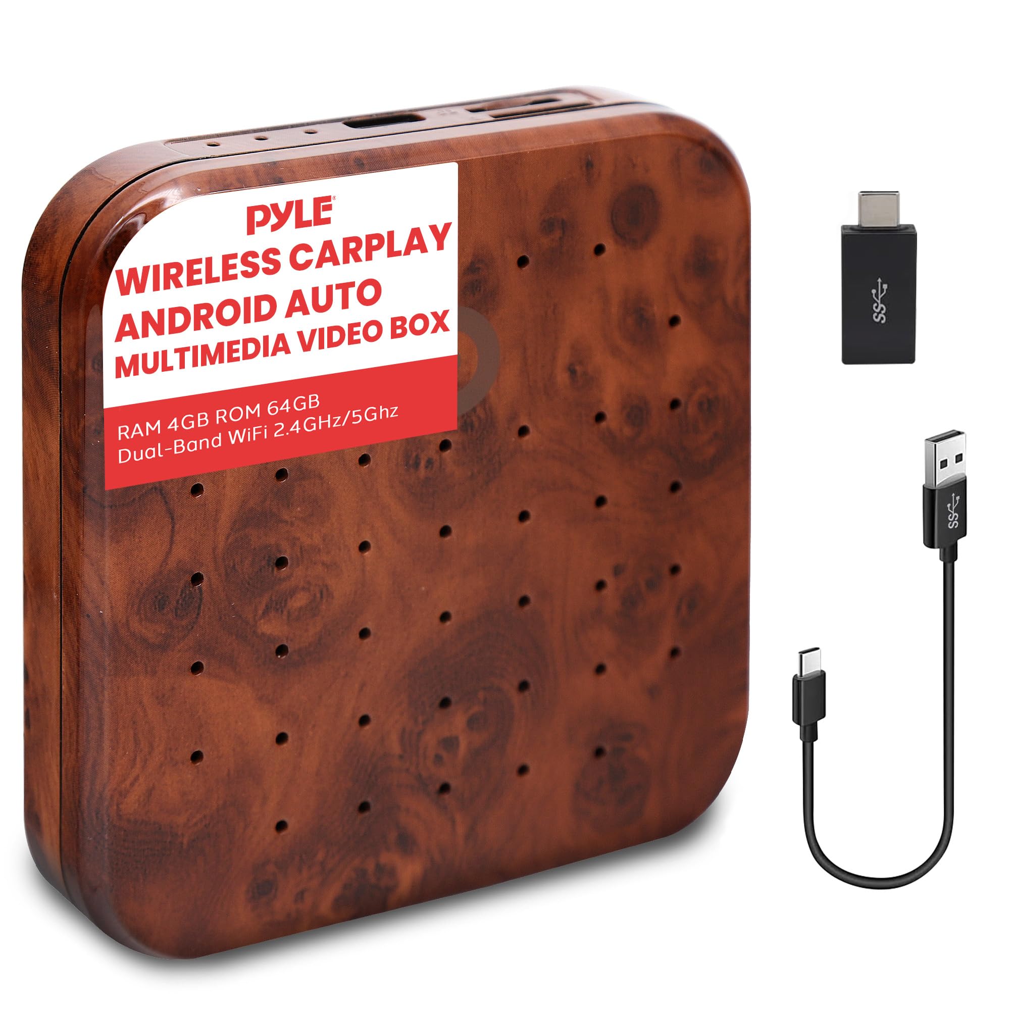 Pyle Wireless CarPlay AI Box, Android Compatible CarPlay Adapter with 4GB RAM, 64GB Storage, Dual-Band WiFi, Bluetooth, Quad-Core CPU, 4K Full HD, Screen Mirroring, USB3.0, Install Apps, 4