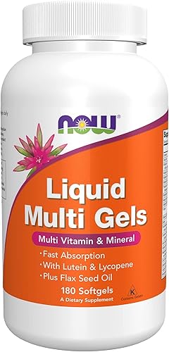 NOW Suplementos Líquido Multi Geles con Luteína y Licopeno además de Aceite de Semilla de Lino 180 Cápsulas Blandas