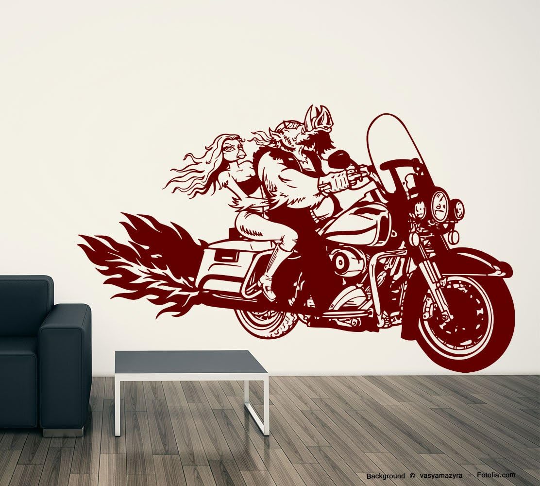 Sunnywall Wall Tattoo Biker Wild Boar Pig Motorcycle Bike Girl