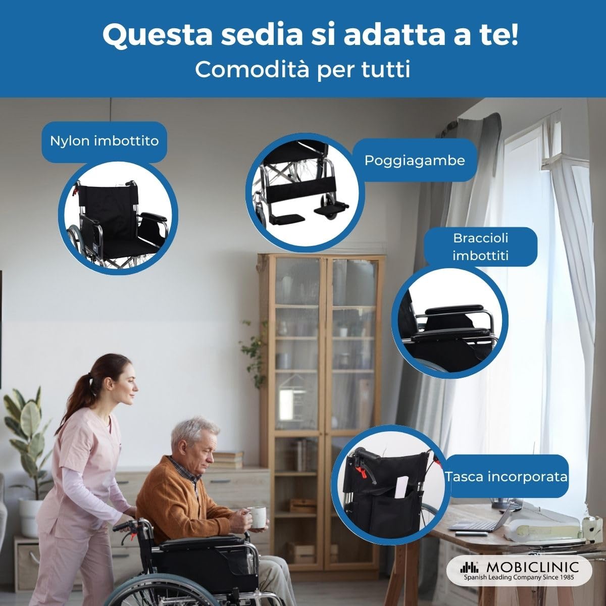 Mobiclinic®, Sedia a rotelle pieghevole, Modello palacio, Alluminio, Leggera, Seduta 46 cm, Doppio sistema frenante, Schienale sdoppiato, Poggiapiedi, Semovente,