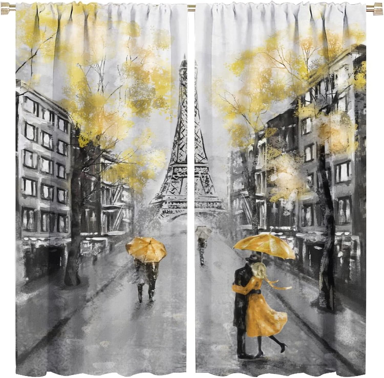 Paris Blackout Curtains Vintage France Scenery Eiffel Tower Lover Couple Yellow Tree Art Printed for Bedroom Living Room Decor Rod Pocket Window Drapes 2 Panels 42x54in