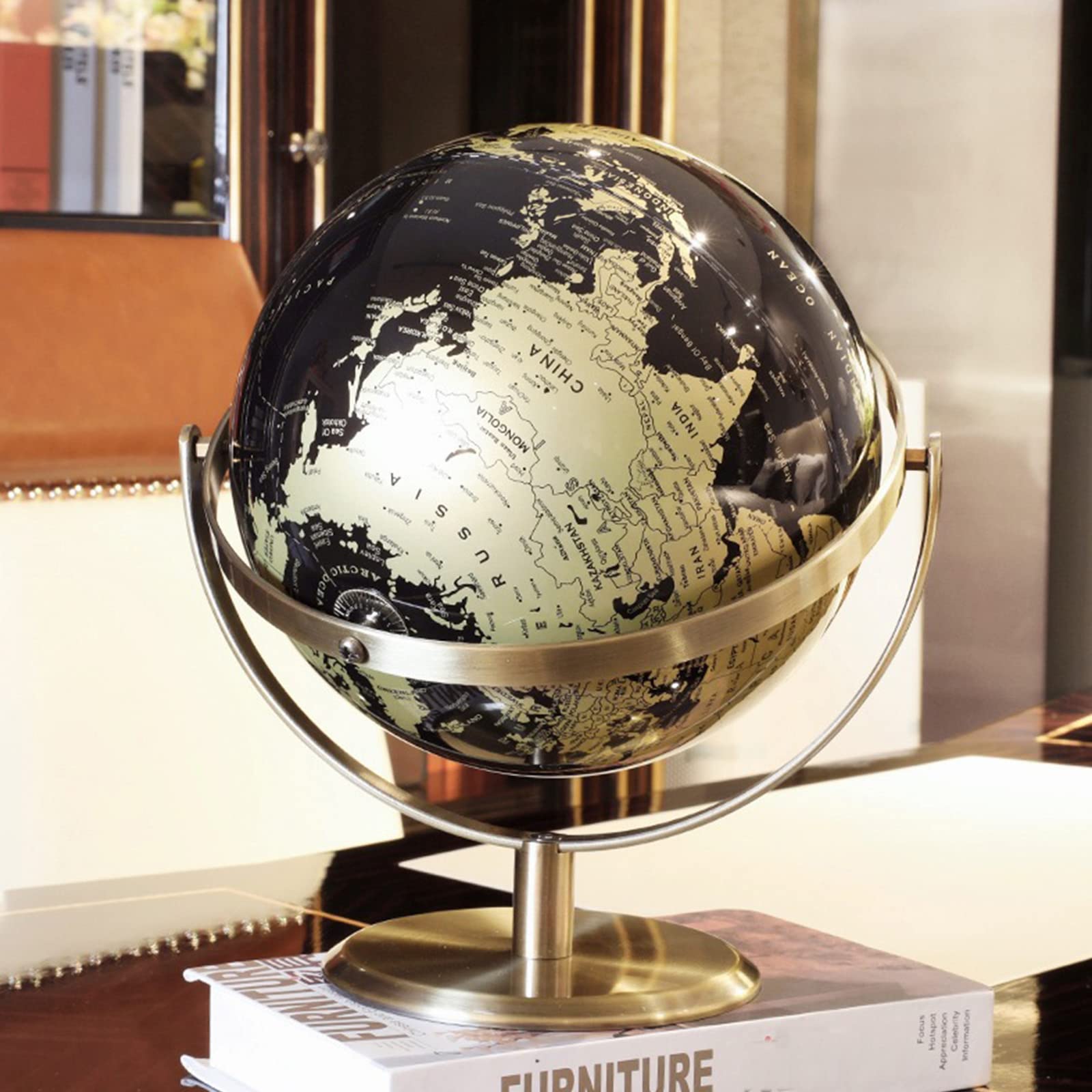 globe， Vintage Rotating Gold And Black World Globe, Ornaments With Metal Stand For Desk/Office Popular Education or Learning