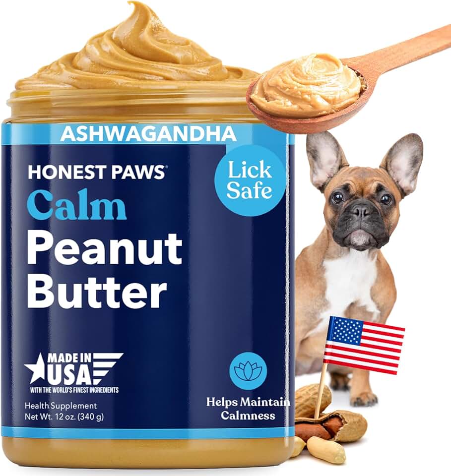 Honest Paws Calming Peanut Butter for Dogs – Dog Supplement with Ashwagandha, Valerian Root &amp; L-Tryptophan – Supports Relaxation &amp; Balanced Behavior – Made in USA – 12 oz