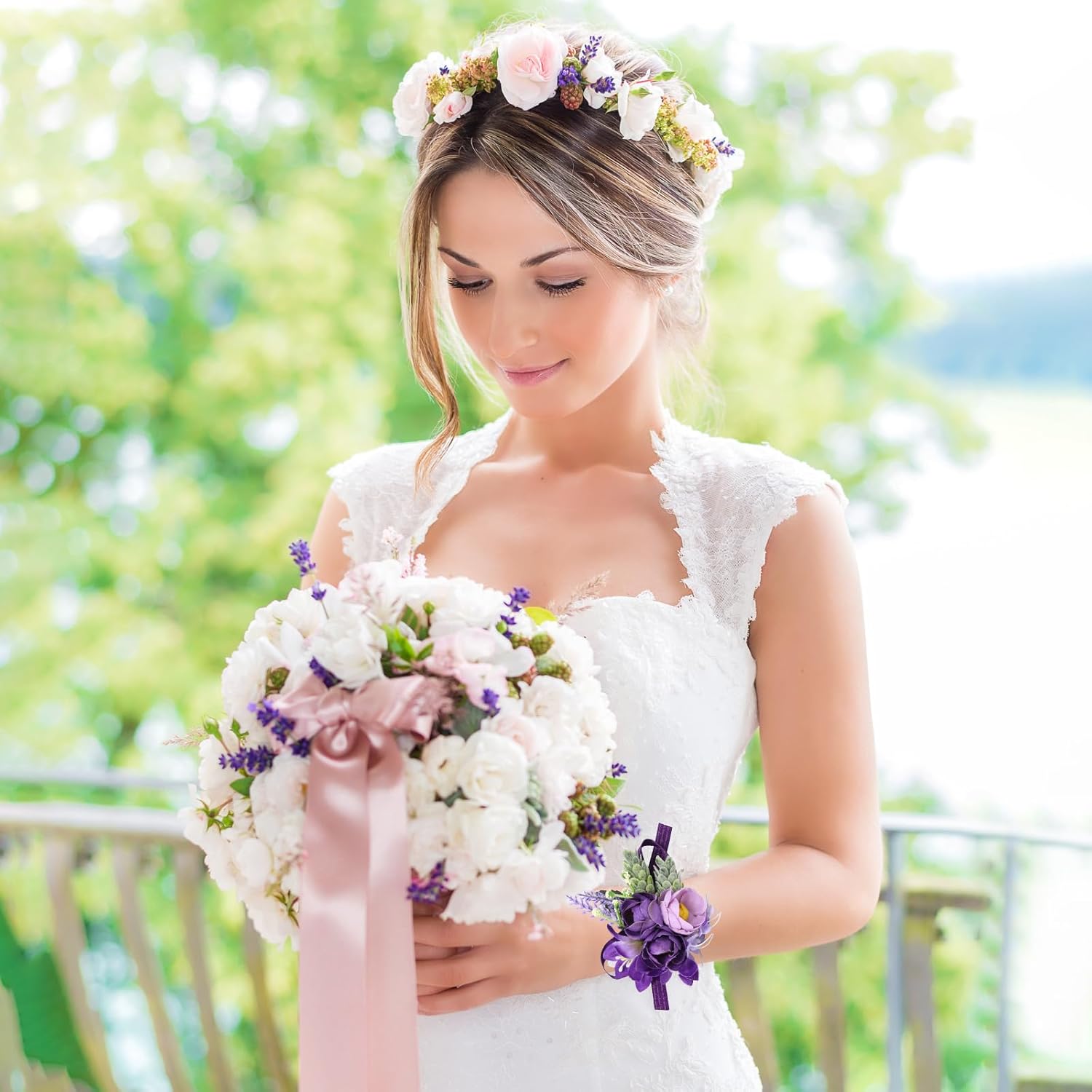 Yueton Purple Wrist Corsage and Boutonniere Set - Artificial Flowers for Wedding, Prom, Party - Bride and Groom Accessories - Image 6