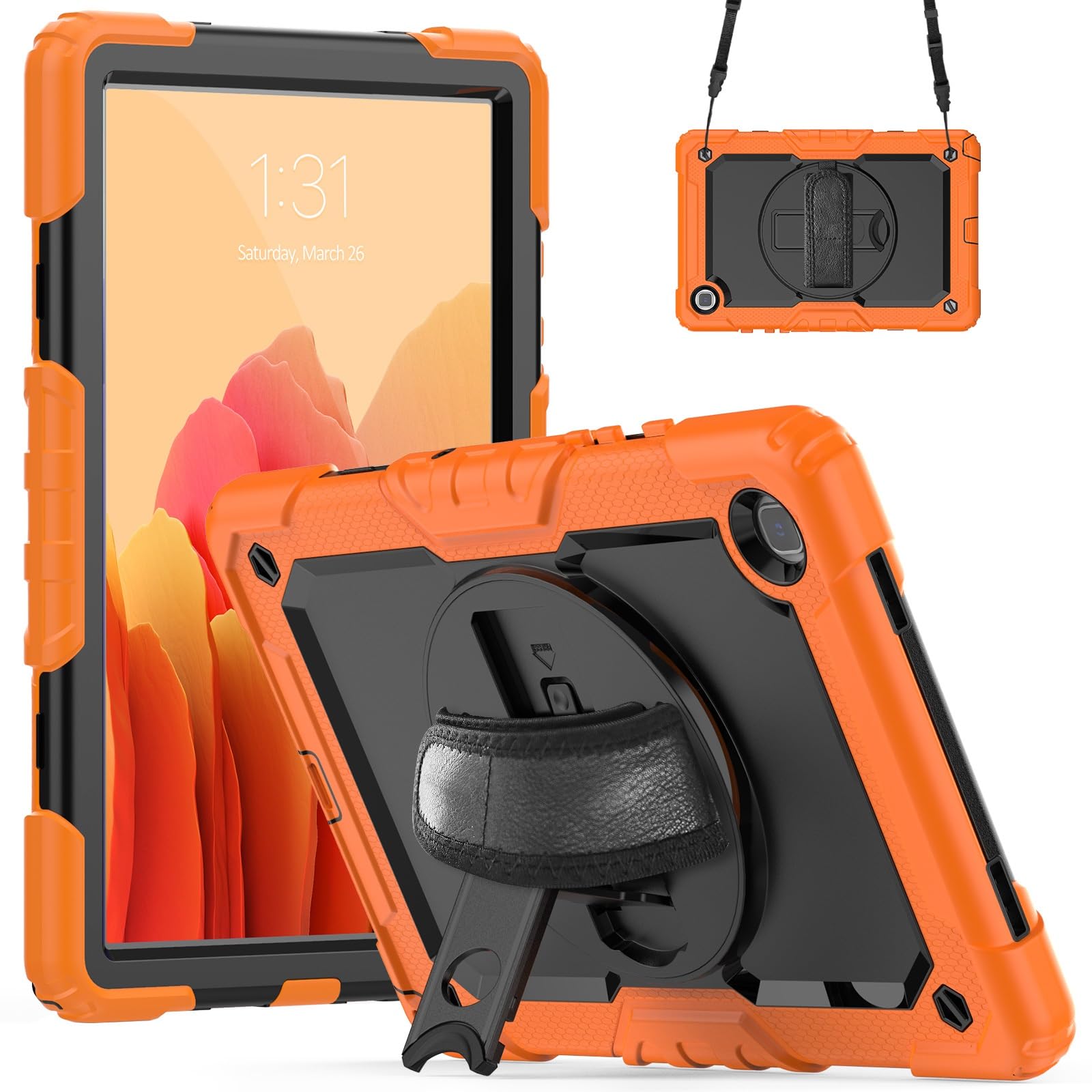 Kompatybilny z Samsung Galaxy Tab A7 10,4 cala SM-T500/T505 (2020) Etui folią ochronną ekranu, [podpórka] [pasek na ramię] Odporna wstrząsy wytrzymała obudowa 360° obrotowy pasek rękę i ramię(Orange)