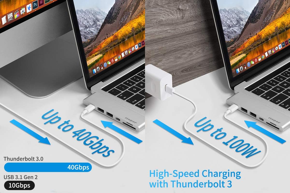 Crеаtіvе Prоduсt USB C Hub for MacBook Pro 2018 2017 2016 13 15,USB C Adapter for MacBook Air 2018, 7 Ports USB C HUB 100W Power Delivery,5Gbps Data, 4K HDMI, 2xUSB 3.1,7 in 1 USB C HUB by Itopor (Silvery)