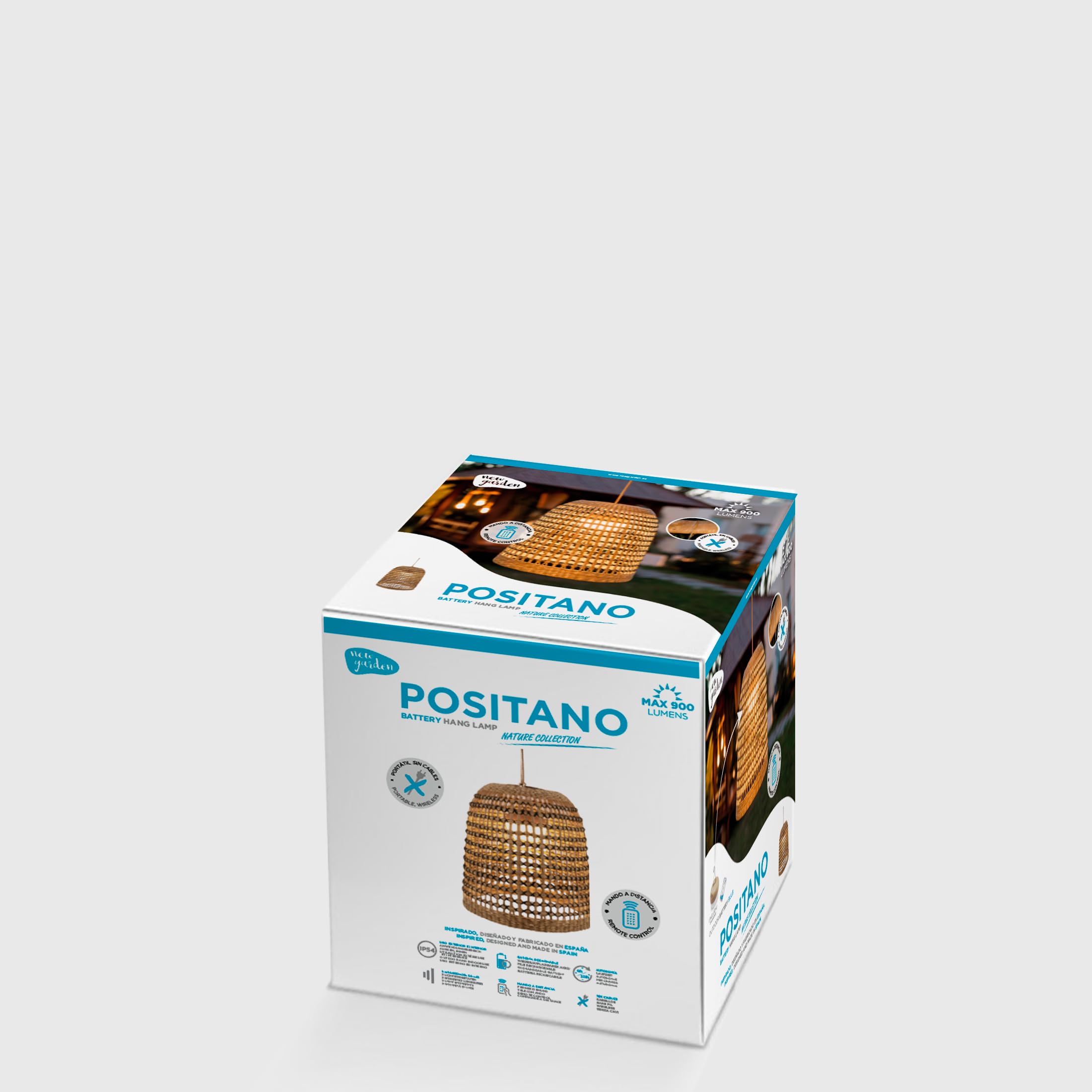 newgarden Positano Lampe suspendue portable sans fil et lampe d'extérieur avec 900 lumens LED chaude 3000K. Fabriquée en fibres naturelles avec batterie rechargeable.
