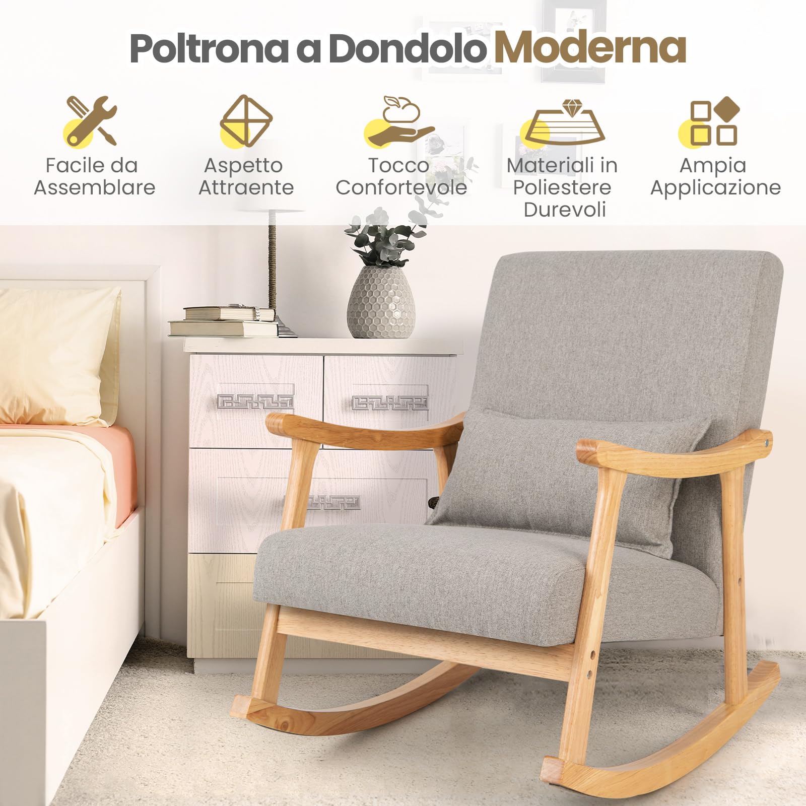 COSTWAY Sedia a Dondolo con Cuscino, Poltrona Dondolo Interno Ergonomica con Schienale Alto, Seduta Imbottito, in Legno di Gomma, per Soggiorno e Camera da Letto (Grigio)