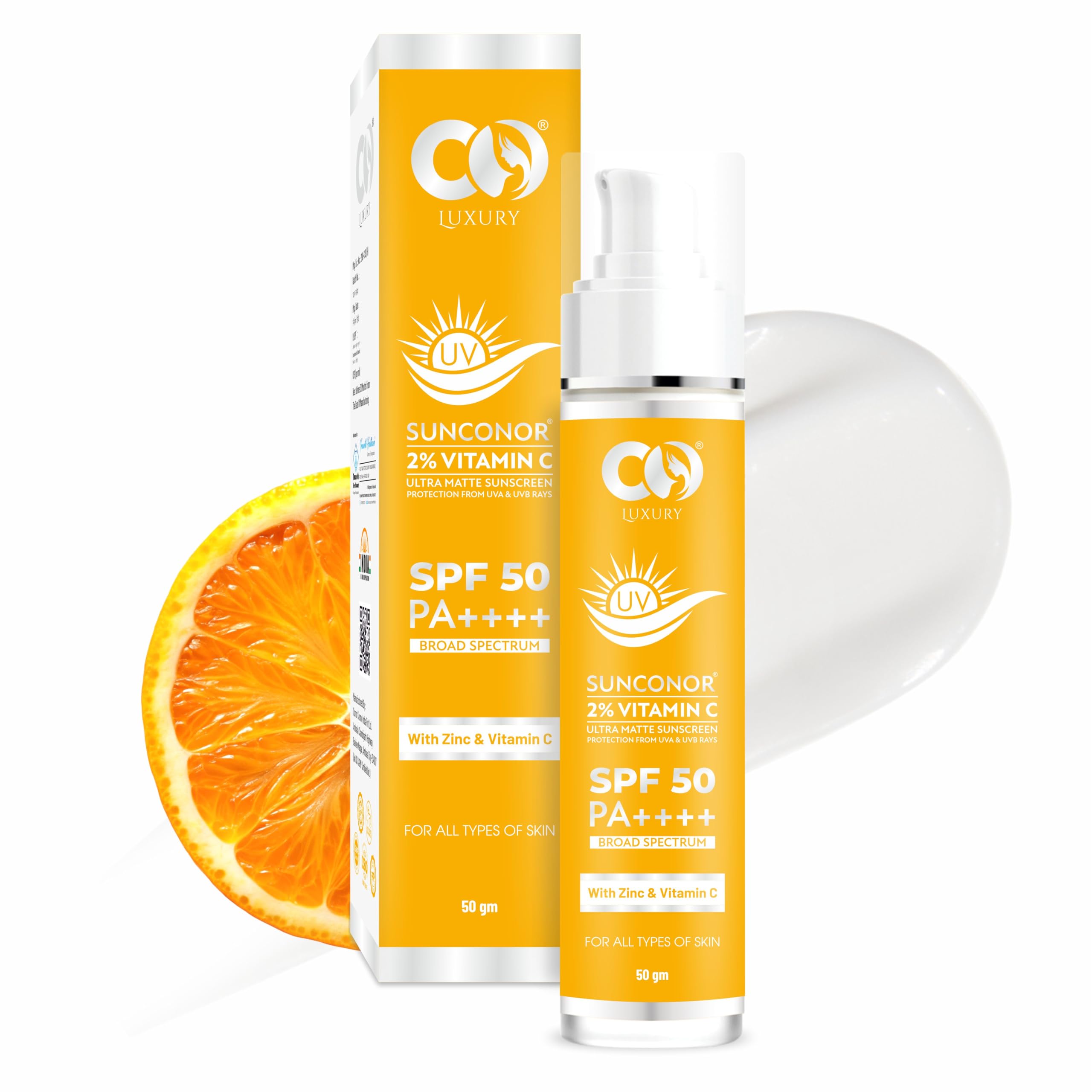 LUXURY 2% Vitamin C Sunscreen SPF 50 PA+++ | Water Resistant & Non-Greasy, Broad Spectrum Sunblock with Vitamin C, Zinc Oxide & Glycerine | Matte Finish, UVA/B Sun Protection for Women & Men | 50 gm