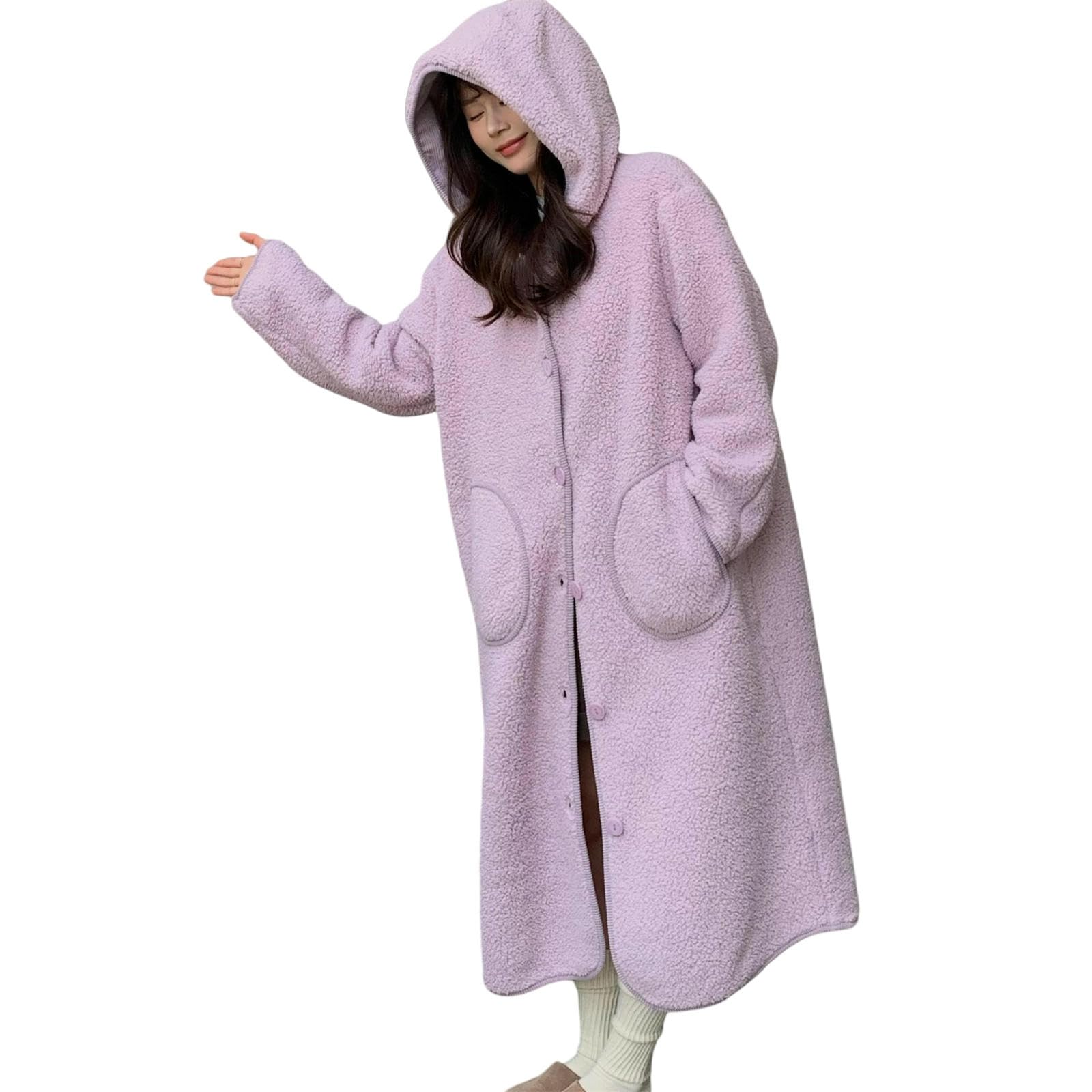 Pijamas Ropa De Hogar Otoño E Invierno, Albornoz Cálido, Suelto Y Grueso, Largo con Capucha -Lila Elegante-Talla Única