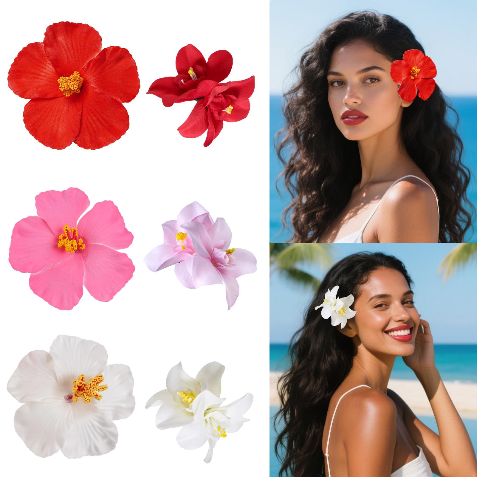 6 Pcs Hawaiian Flower Hair Clips for Women, Plumeria Hibiscus Hair Clip Artificial Flower Clips 3.5 Inch Floral Hair Barrettes for Summer Vacation