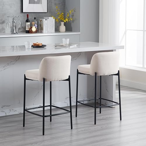 Miniatura 9 de Juego de 2 taburetes modernos de lino de 26 pulgadas, taburetes de bar tapizados beige con respaldo cómodo, sillas de comedor altas, sillas de isla