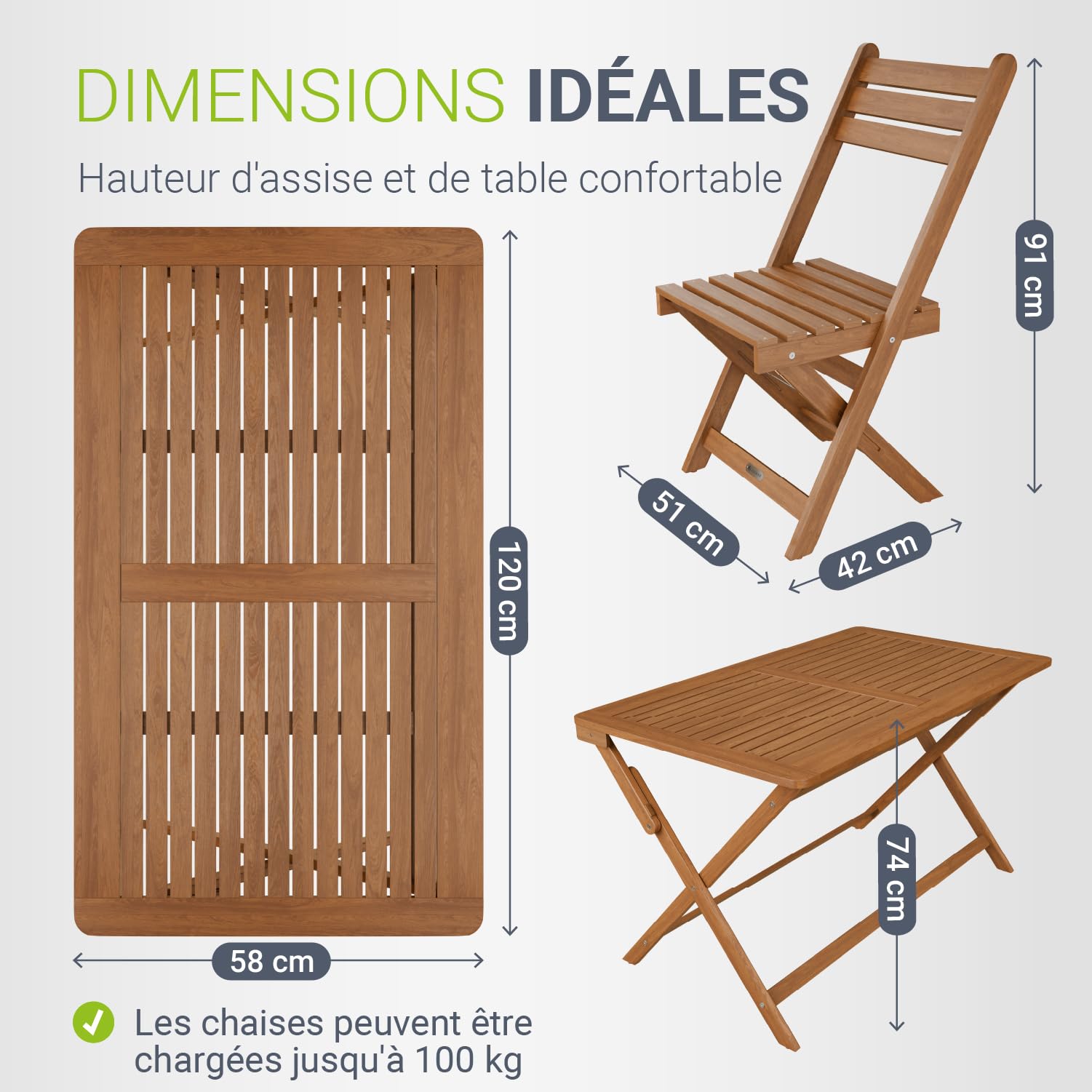 Juskys® Ensemble de mobilier de Jardin Rimini - Naturel, Bois d'acacia, Comprenant Un Ensemble de 4 chaises et Une Table, Stable, Durable