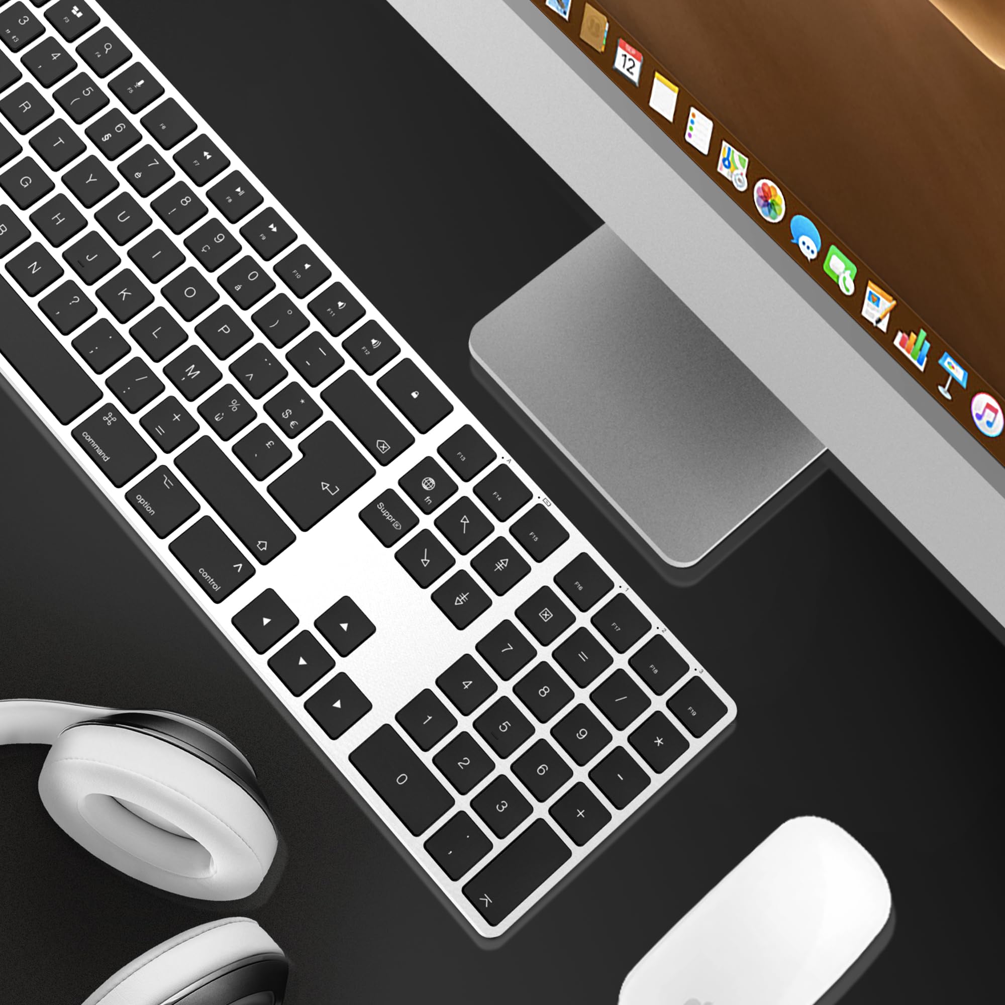 Clavier Bluetooth Aans Fil Rechargeable, en Aluminium pour Mac, Clavier Silencieux avec Touches Ultra-discrètes, Compatible avec Apple iMac, MacBook, Mac et iPad, Layout AZERTY, Argent Et Noir