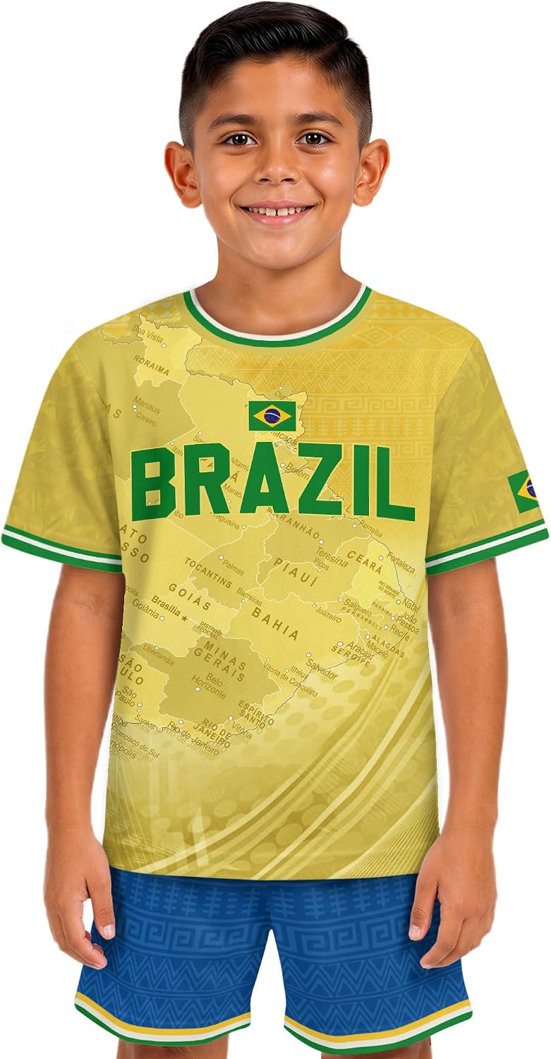 Brazil Soccer Jersey Kids Set, Soccer Jersey for Girls and Boys Set | Comfortable youth athletic set featuring a coordinated soccer shirt and shorts for boys and girls during active play