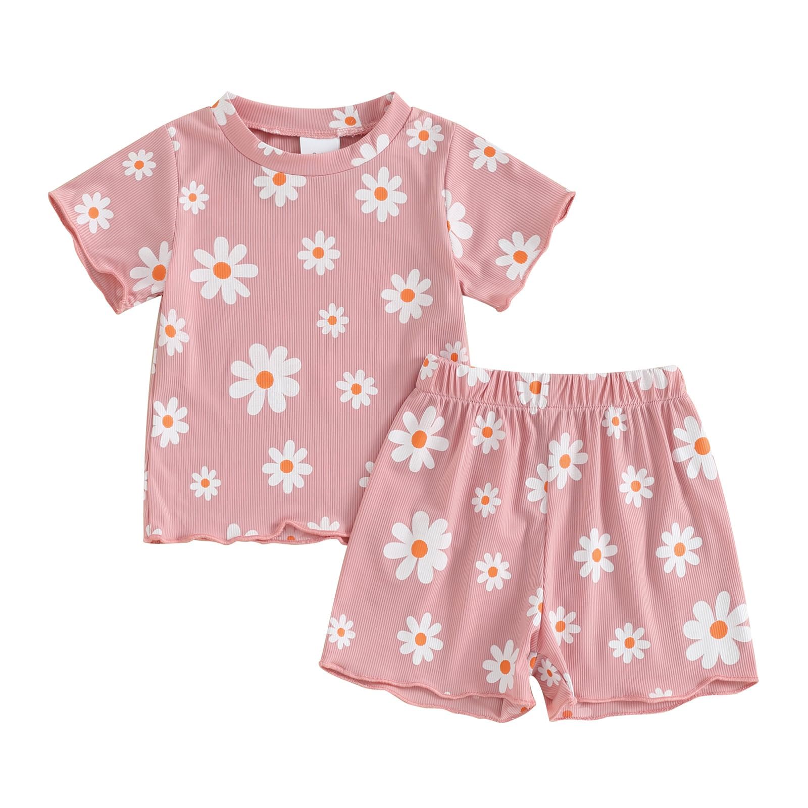 XHDHQXL Toddler Baby Girl Summer Outfit Floral Print Crew Neck Short Sleeve T-Shirts Tops and Shorts 2Pcs Clothes Set, 18-24 Months, Pink