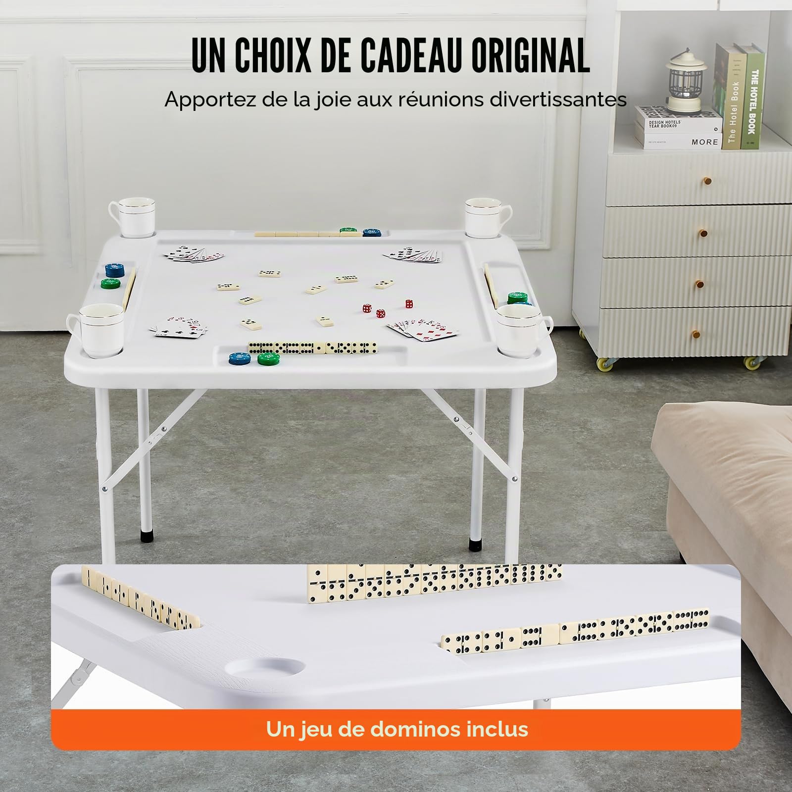 VEVOR Table de Mahjong Pliante Carrée pour 4 Joueurs, Table de Jeu de Cartes Portable, avec 4 Porte-gobelets et 4 Plateaux à Jetons, Jeu de Dominos pour Puzzles Poker Mahjong, 90 x 90 cm, Blanc