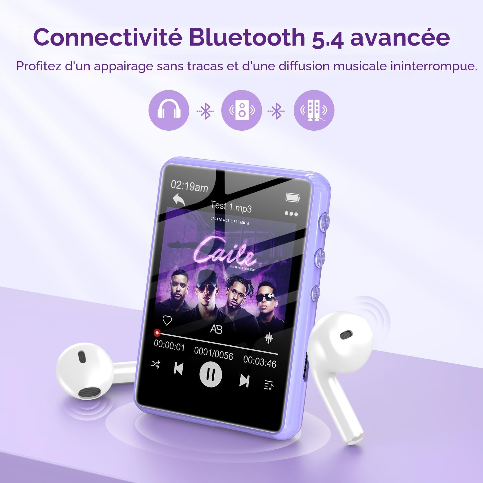 Lecteur MP3 128GB Bluetooth 5.3, ZAQE 2.4" Plein écran Tactile Lecteur MP3 Portable,Haut-parleurs Haute définition intégrés, Radio FM, Enregistrement, entrée Ligne, Son HiFi, jusqu'à 512GB, Violet