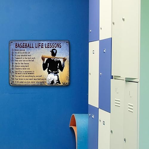 Miniatura 5 de Letrero de metal con texto en inglés "Baseball Life Lessons", diseño de lecciones de vida de béisbol, decoración de pared para el hogar, cocina, 8 x
