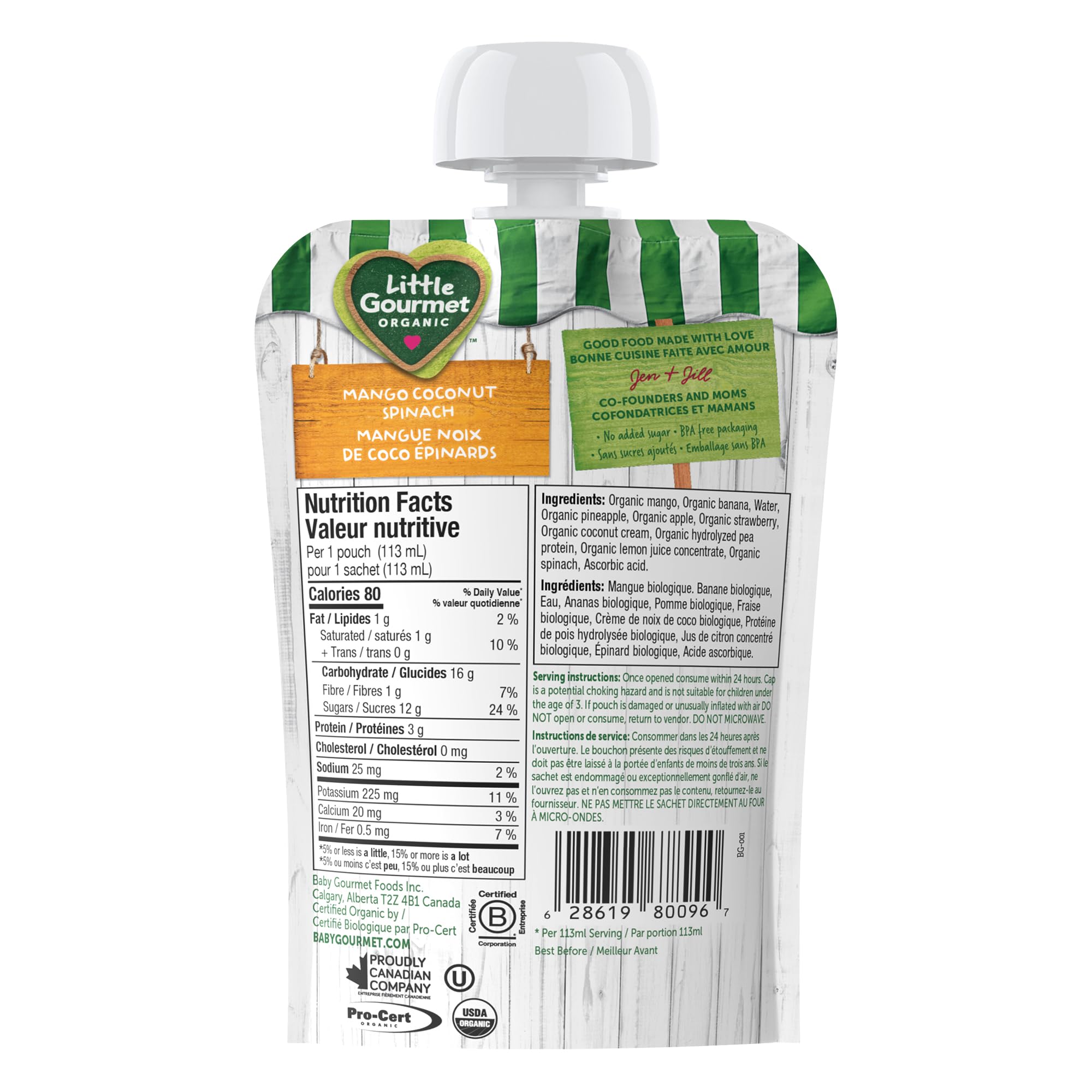 Little Gourmet Organic Toddler Snack Bright Blends Mango Coconut Spinach, 113ml (12 Pack) - 3