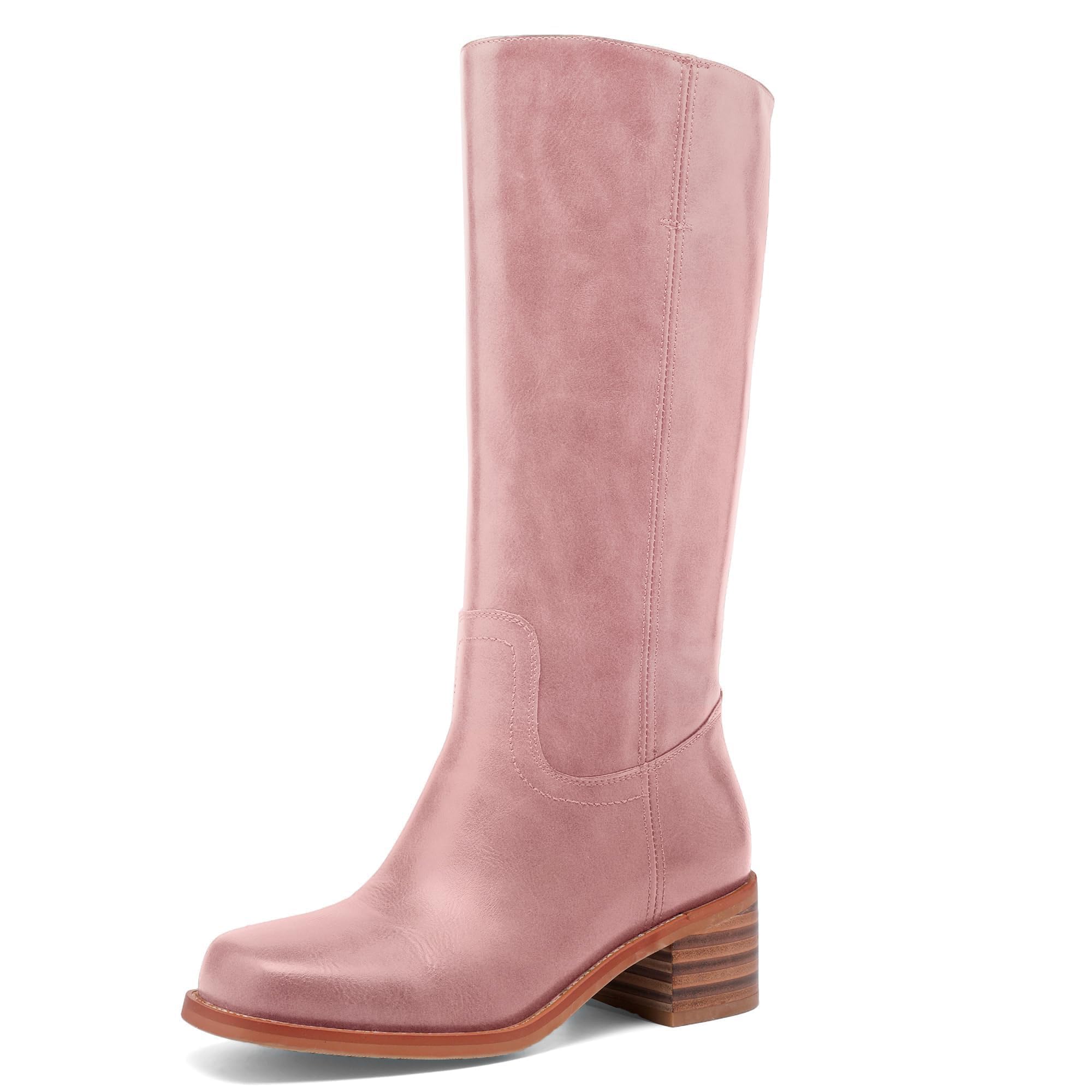 JOKACEAR Women's Knee High Boots Square Toe Chunky Block Heel Long Boots for Women Comfortable Slip on Low Heel Womens Riding Boot.