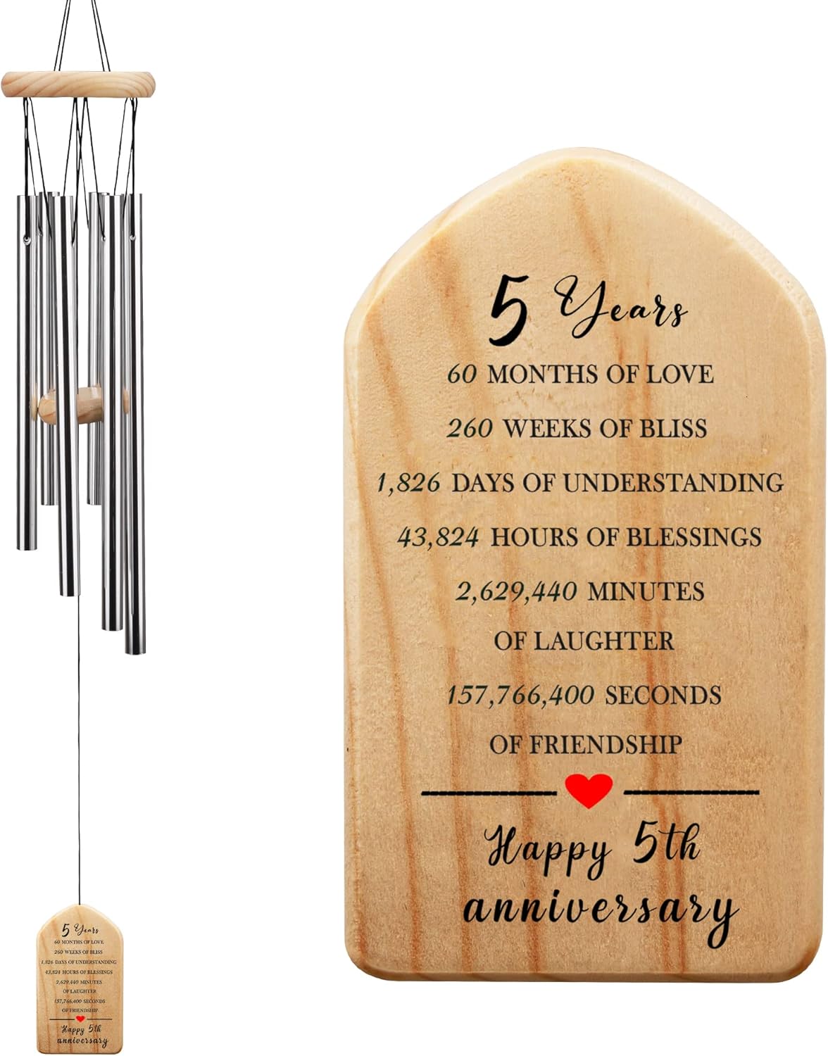 5th Annniversary Wind Chime Gifts for Couples, Happy 5th Ideas, 5 Years of Marriage Wedding Keepsake, 5 Years Anniversary, Wooden Wedding