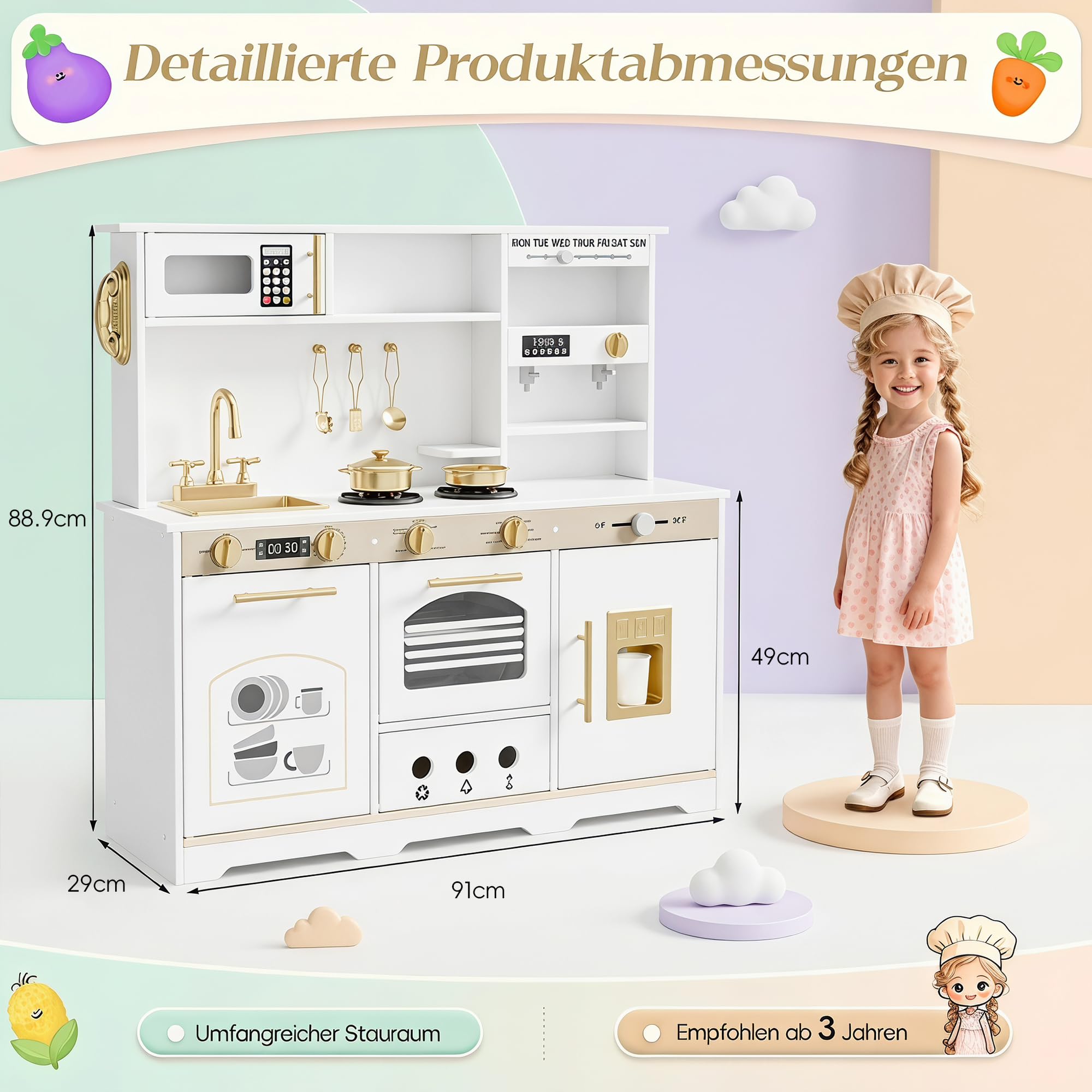 Xilingol Kinderküchen aus Holz, Spielküche Kinder mit Licht und Soundeffekten, Geeignet für Kinder ab 3 Jahren mit Kinderküche Zubehör 21TLG. Weiß