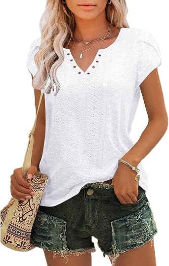 Tanmolo Women's Summer T-Shirt with Broderie V-Neck & Tulip Sleeves Atmungsaktive Lochstickerei Elegante Bequemes Oberteil Regular Fit Formstabil Vielseitig Kombinierbar Pflegeleicht