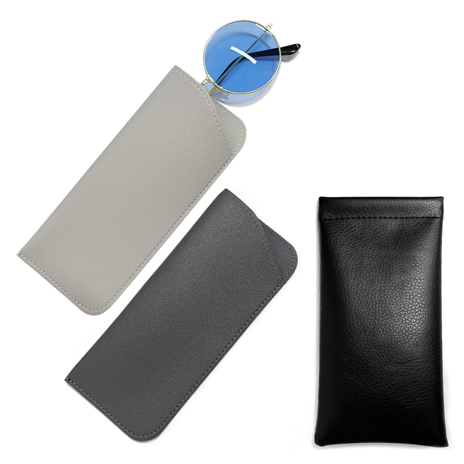 ZWZNBL Paquete de 2 estuches de anteojos de cuero PU con 1 bolsa de anteojos de resorte, bolso de anteojos de cuero suave de moda duradero, bolso de anteojos de viaje plegable, unisex
