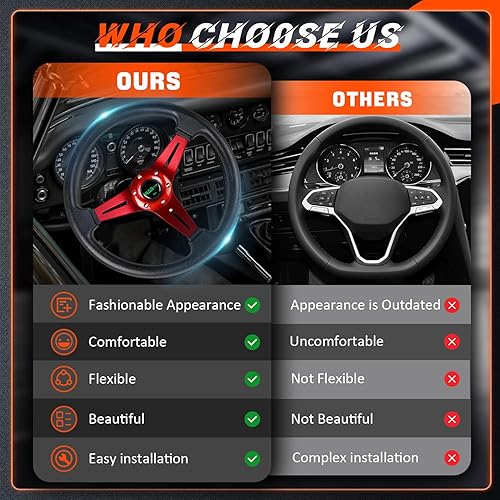 Vista 3 de Rastp Volante de carreras universal de 13.8 pulgadas, 6 pernos, agarre de material de espuma de poliuretano y aluminio con botón de claxon para Rojo