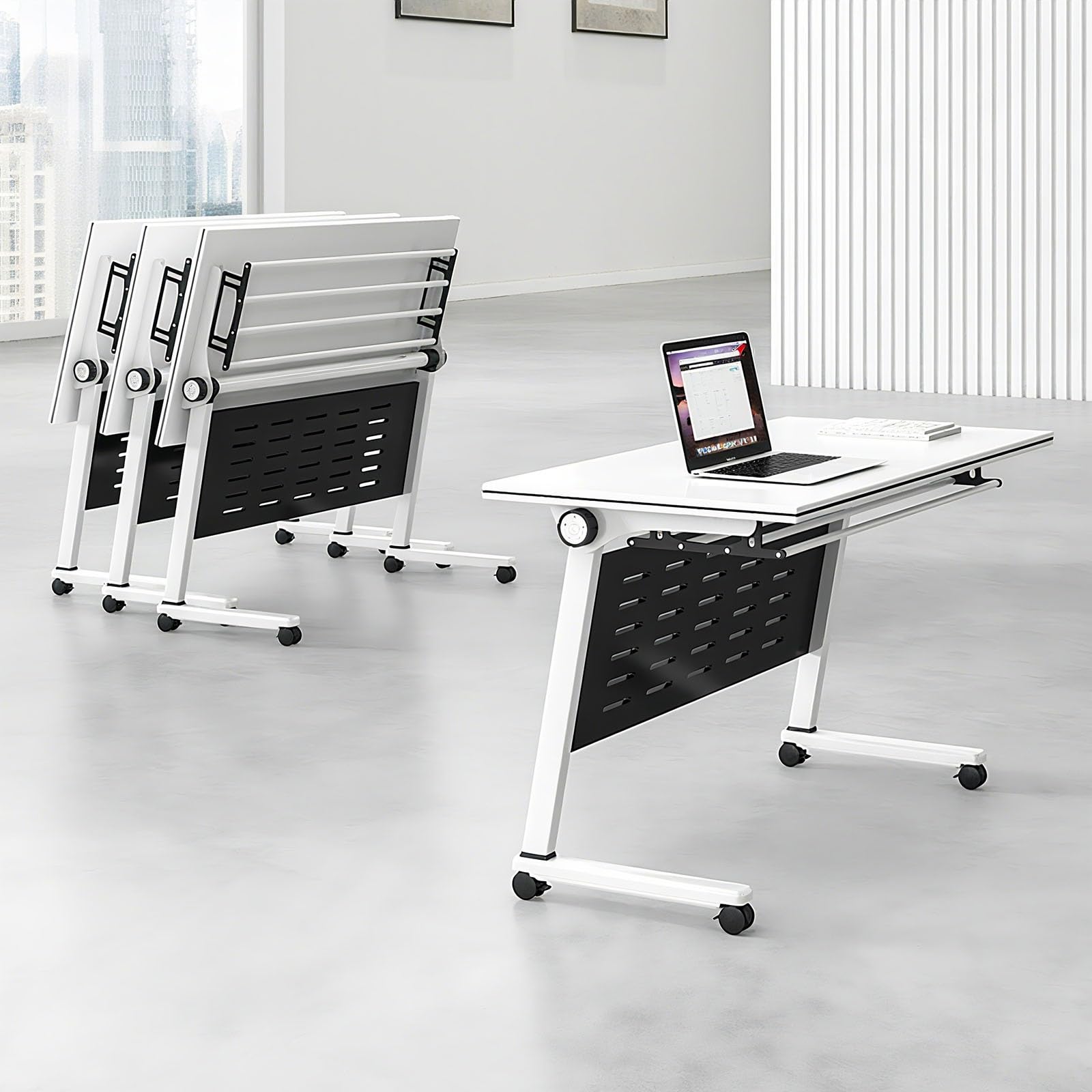 Mobiles, klappbares Konferenztisch-Set, 4-teilig – Moderne, weiße, tragbare Tische mit leisen Rollen für Büro, Seminarraum, Klassenzimmer, Chefzimmer
