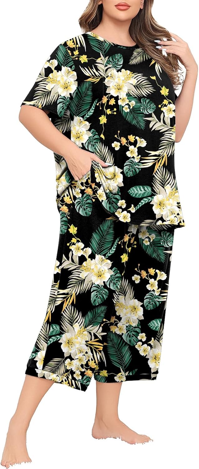 Lastshe Womens Plus Size 2 Piece Pajama Set Soft Short Sleeve Capri Pants Sleepwear Lounge Set Knit Soft Pjs with Pockets - Image 4