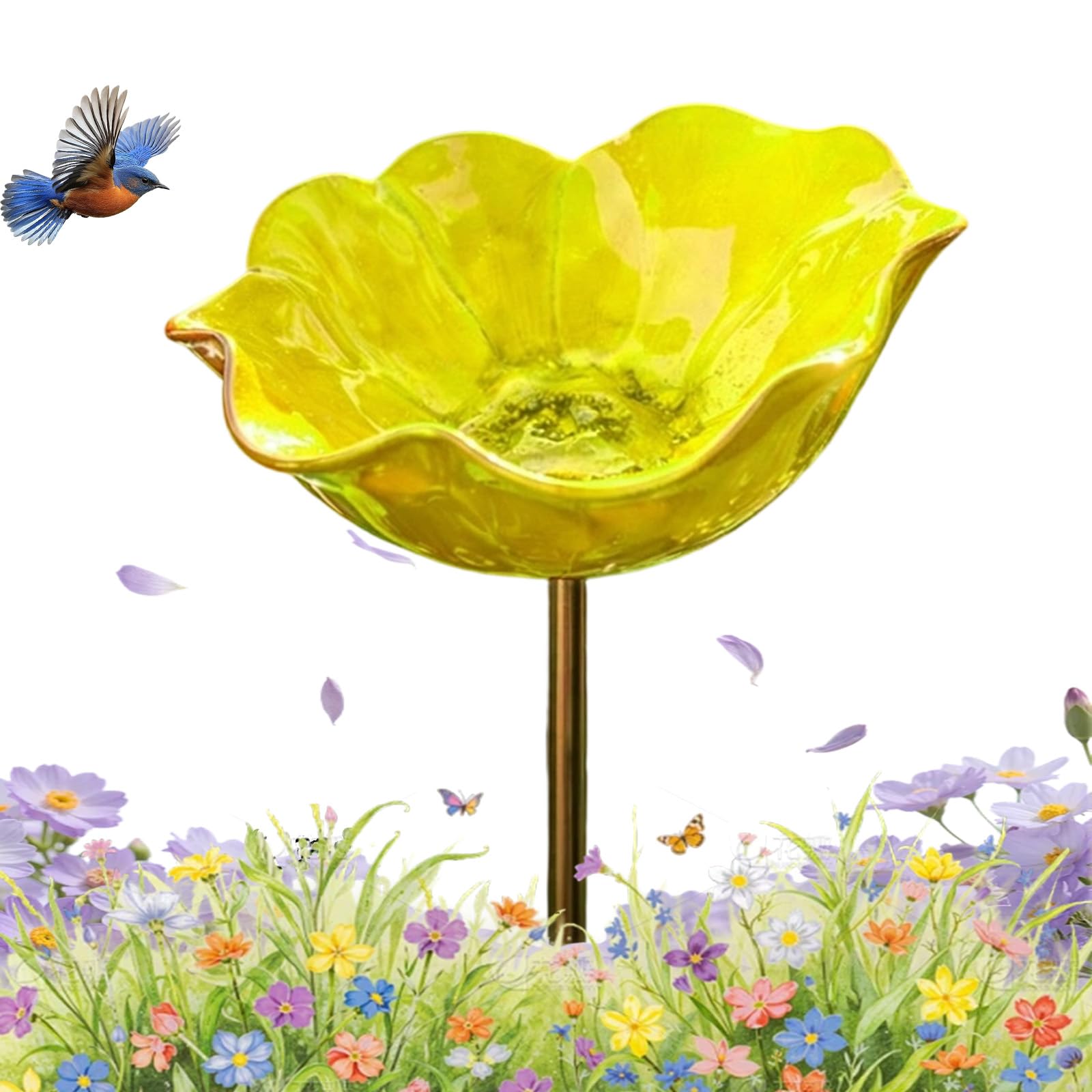 Handmade Metal Flower Bird Bath Garden Stake, Red Poppy Bowl, Rustproof, Bee Watering Station for Outdoor Flower Beds (D)