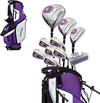 Precise - Womens Golf Club Set - Purple | Titanium driver, fairway & hybrid, irons through wedge, putter, headcovers, graphite shafts, petite to tall