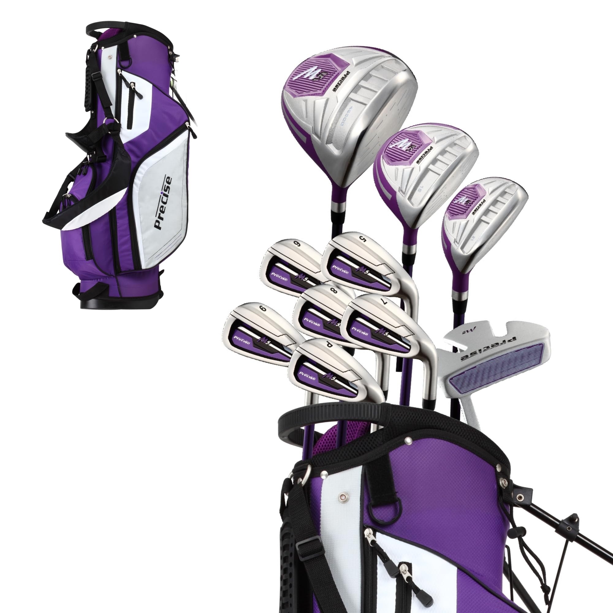 Precise M5 Women’s Golf Clubs Set – Complete Right-Handed Set with Titanium Driver, S.S. Fairway & Hybrid, 5-PW Irons, Putter, Stand Bag & Headcovers