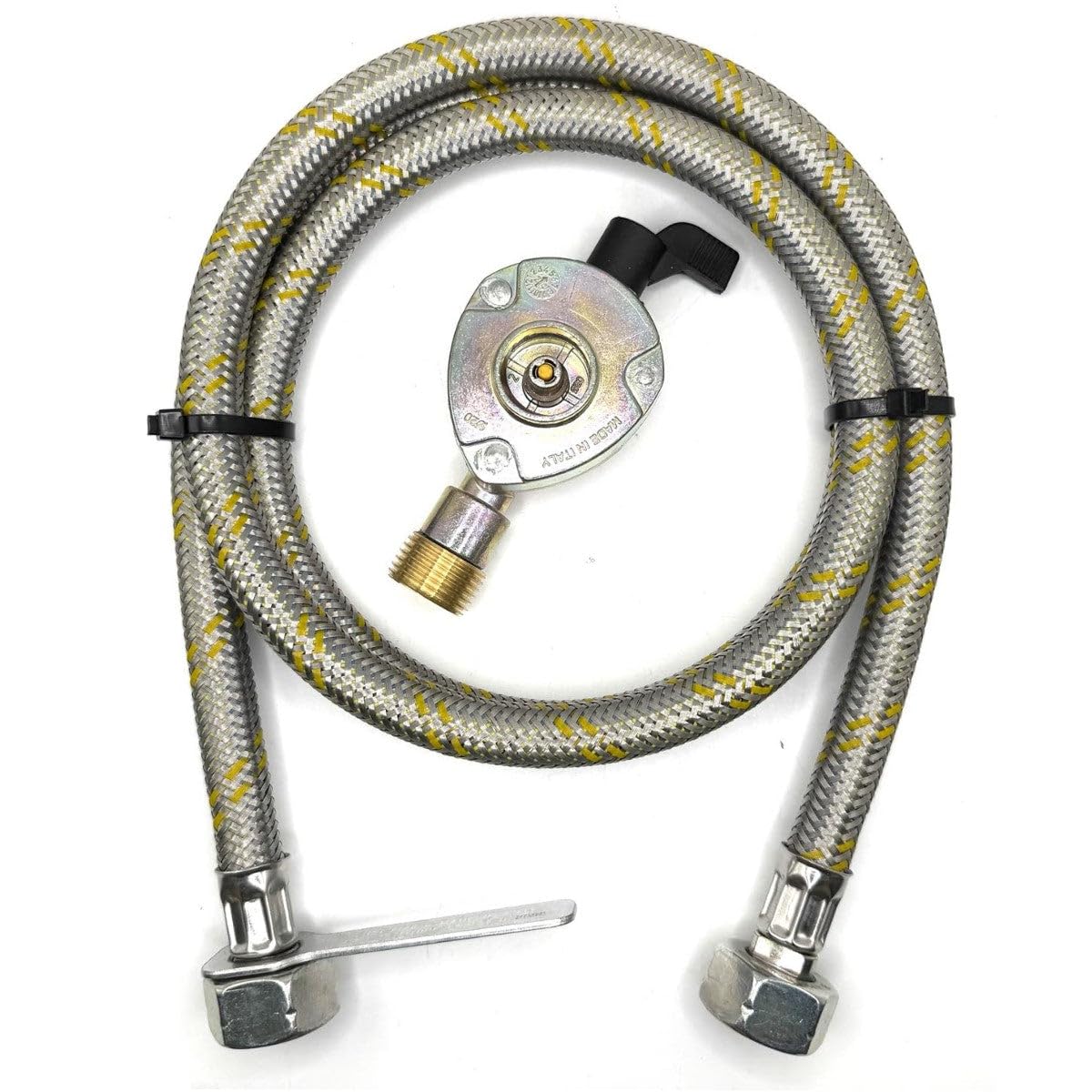 Regolatore per gas GPL da 20 mm senza NRV con tubo flessibile intrecciato in acciaio inox W21.8 LH da 1,5 m