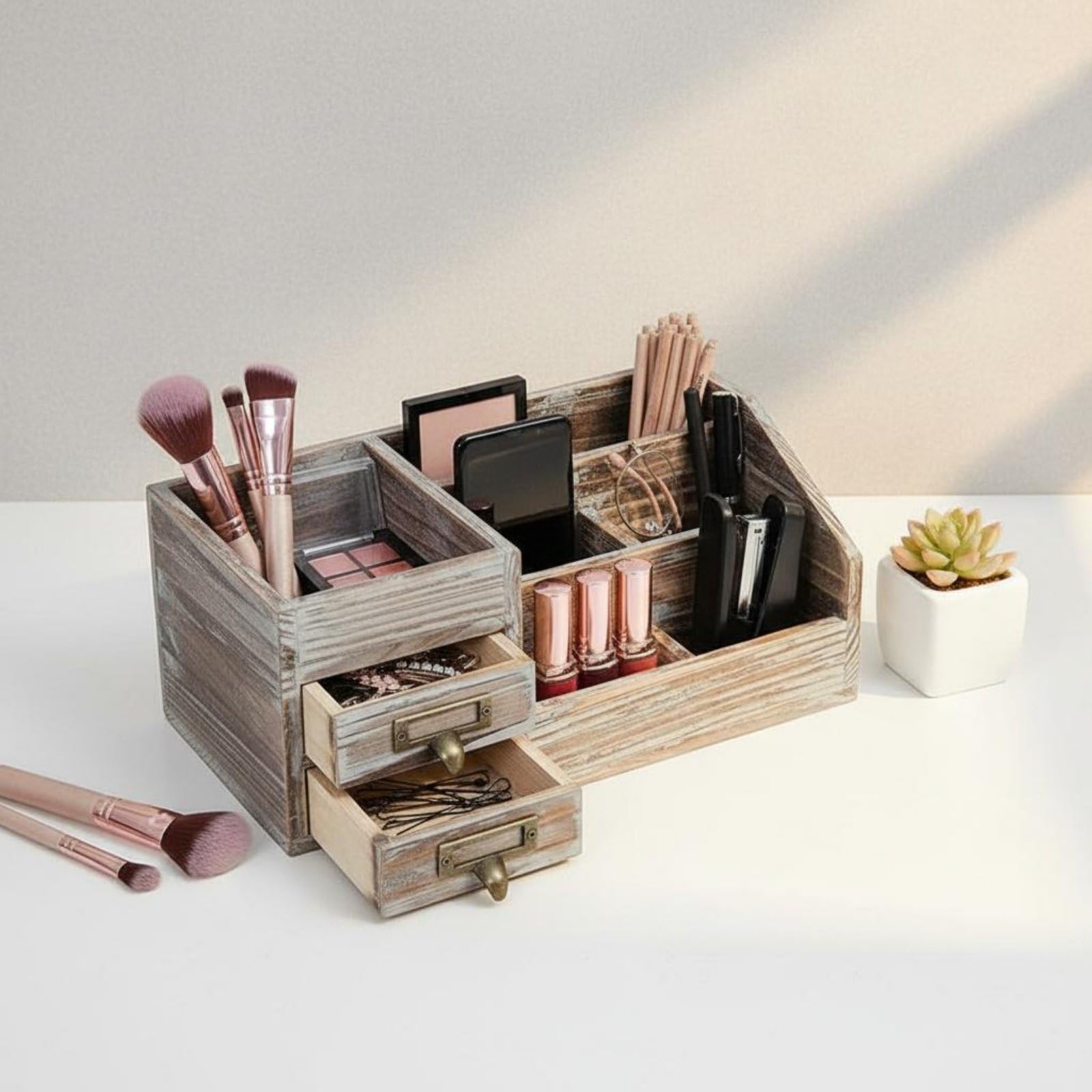 Organizer da Scrivania in Legno Contenitore Portadocumenti Cassettiera Portapenne con 6 Scomparti E 2 Cassetti con Portaetichette Adatto a Studio, Bianco Vissuto