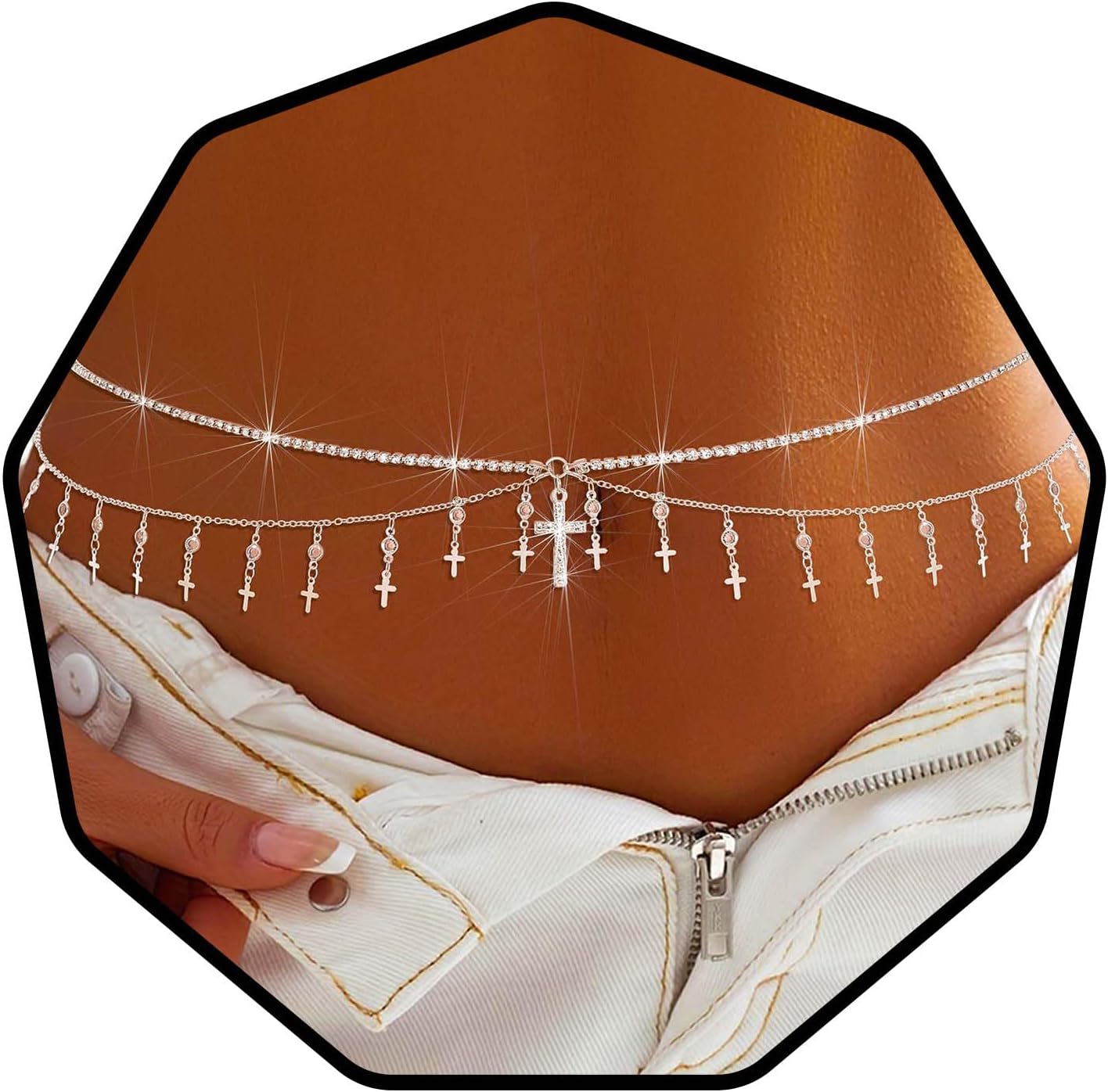 Bohend Layered Rhinestone Waist Chain Silver Butterfly Belly Chains Crystals Belt Jewelry Body Chain Adjustable Accessories for Women and Girls