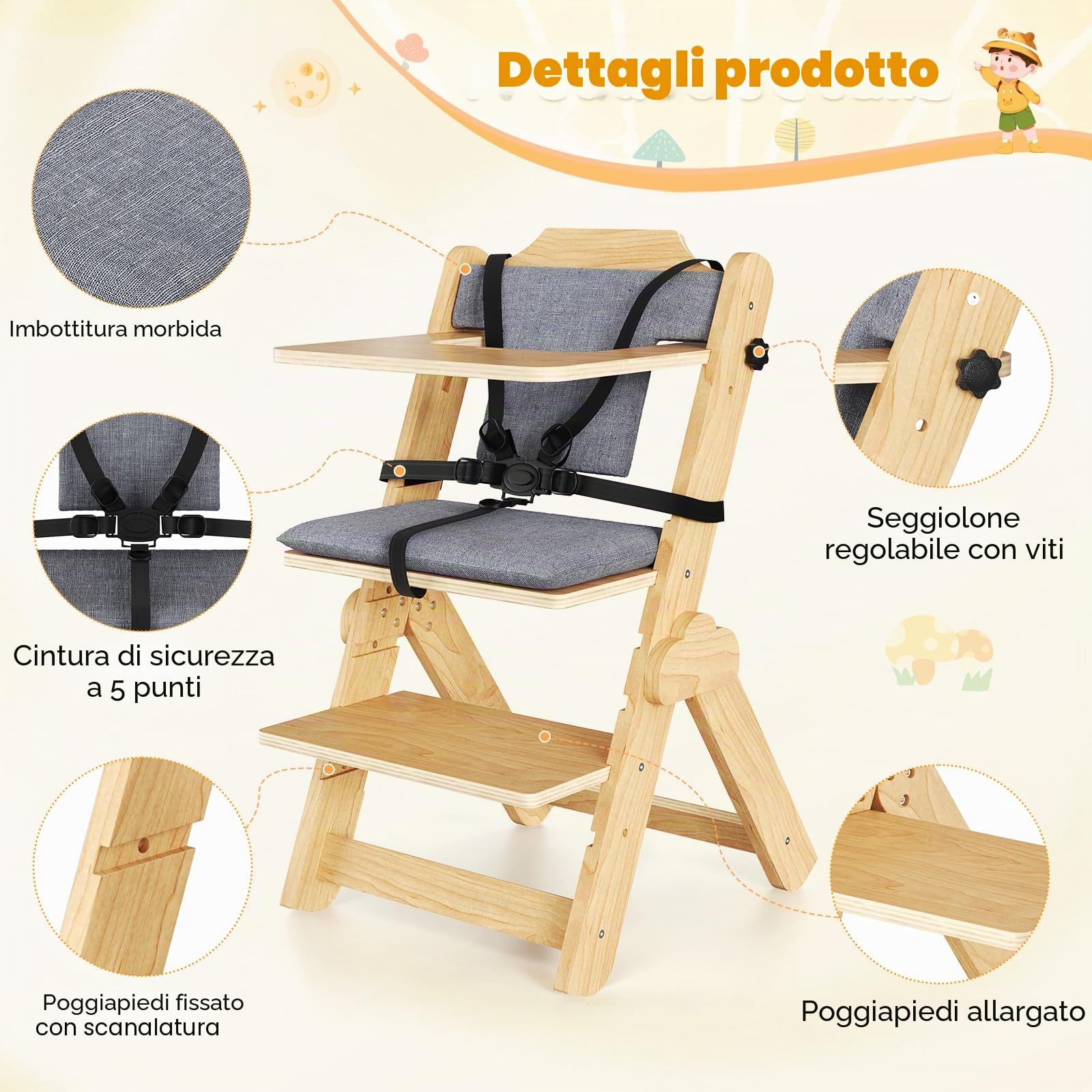 Seggiolone Pappa Legno, 2 in 1 Seggiolone Evolutivo, Sedia Ergonomica con Cintura a 5 Punti e Spartigambe Regolabili, Facile da Pulire, Natural Wood + Cuscino per Bambini 6+ Mesi