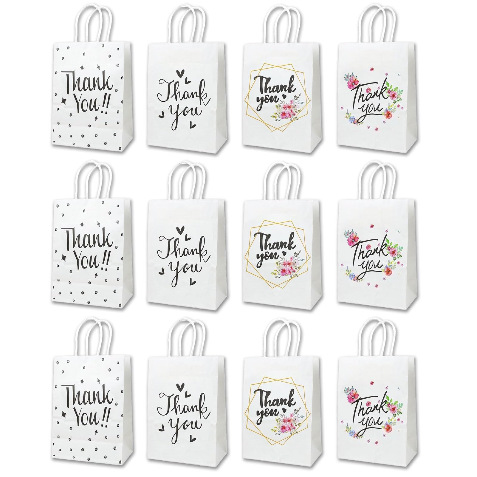 LOCCY 12PCS Thank You Gift Bags, 15x8x21cm Small Paper Bags with Handles Small Party Gift Bag Favor Bag Return Bags for Kids Parties,Birthday,Wedding,Christmas,Thanksgiving,Parties Favor (White)