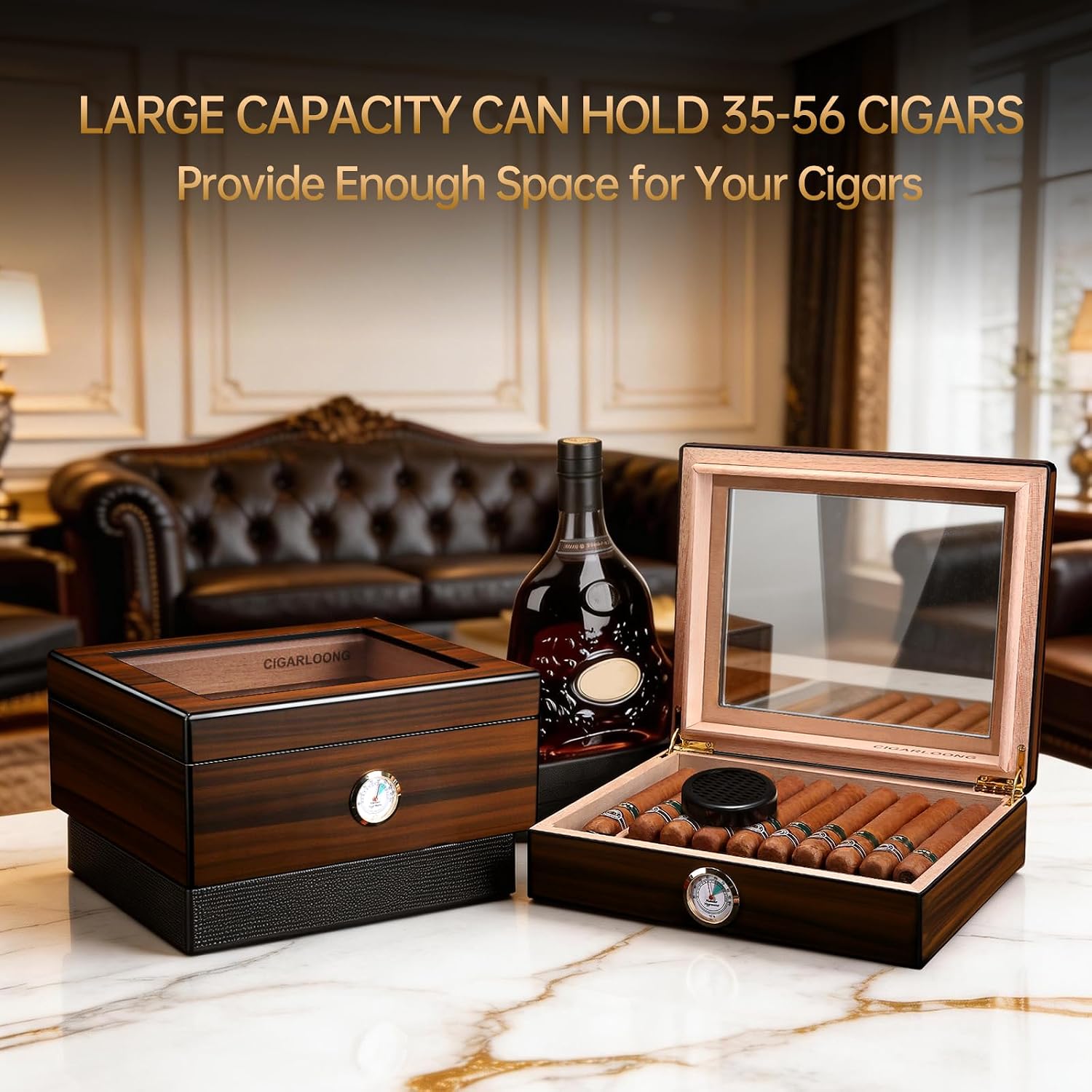 Desktop Humidor with Cigar Cutter - Hygrometer and Humidifier Accommodates up to 56 Cigars, Cedarwood Humidor the Cigar Aficionado's Indispensable Companion (Medium)