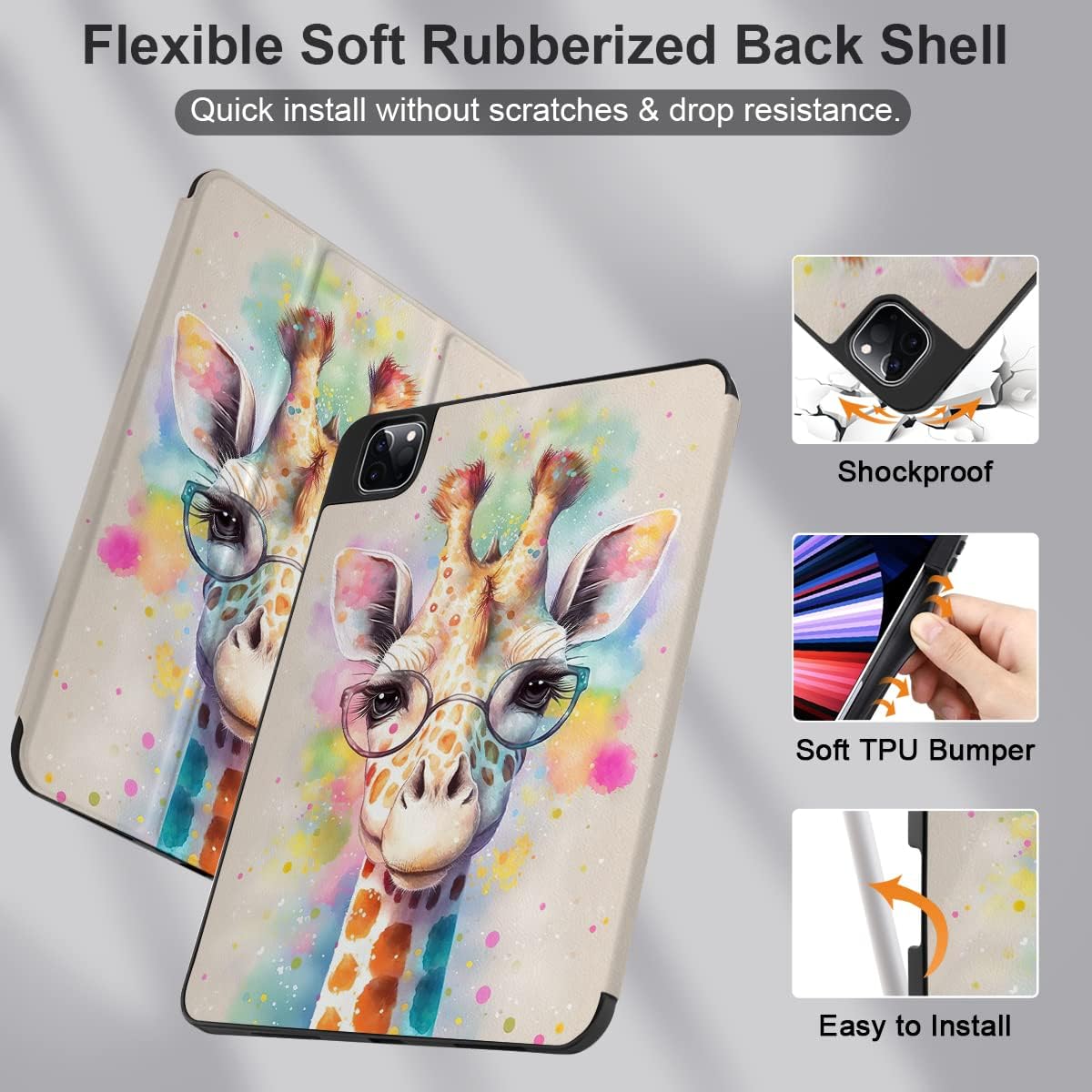 MEEgoodo Case for iPad Pro 12.9 Case M2 6th/5th/4th/3rd Generation 2022 2021 2020 2018, Protective Tablet Cover with Soft Back Shell for Kids, Giraffe