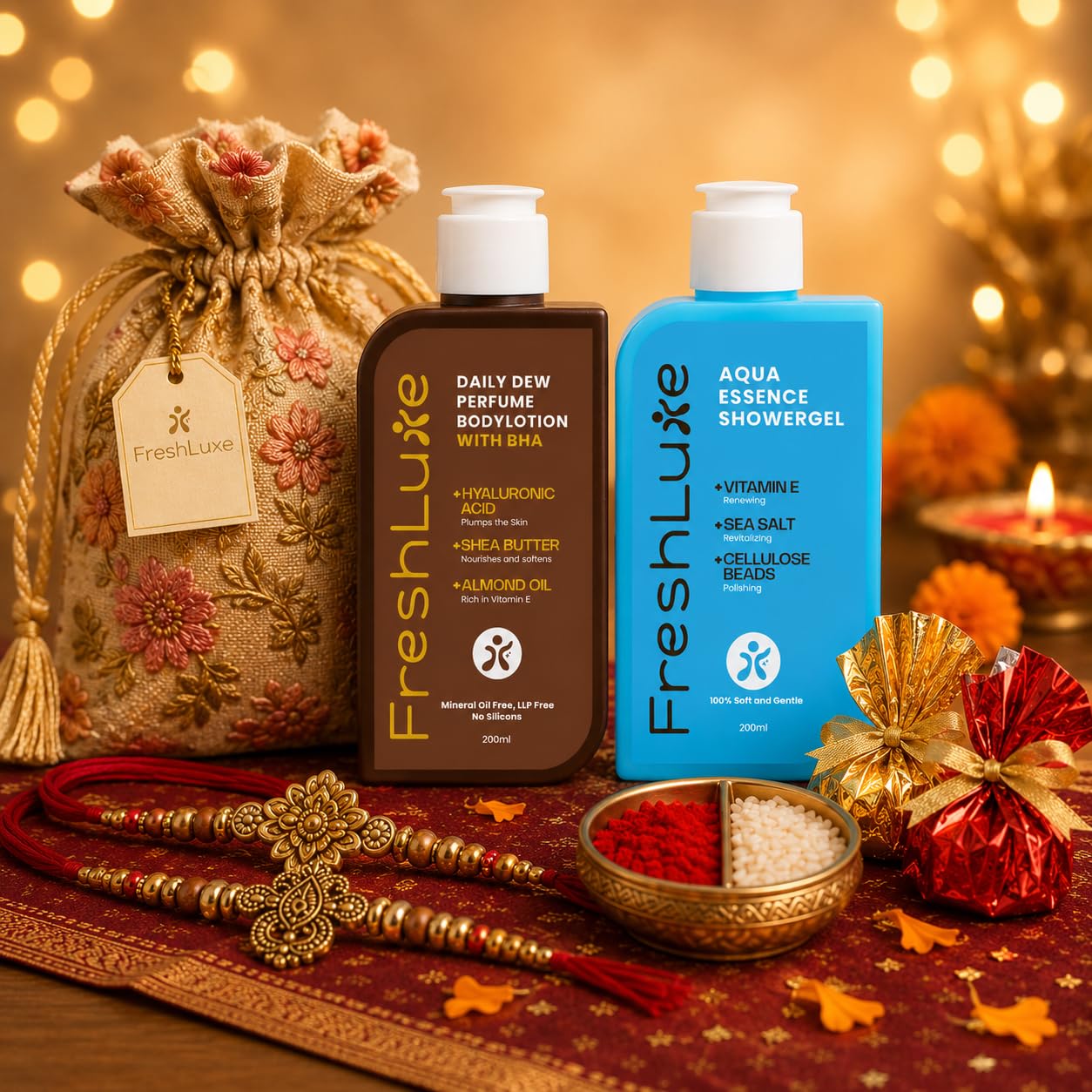 Rakhi Gift Hamper for Brother – Daily Dew Perfume Body Lotion & Aqua Essence Shower Gel (200ml Each) with Rakhi, Roli-Chawal & Chocolate | Rakshabandhan Gift for Him-image-7