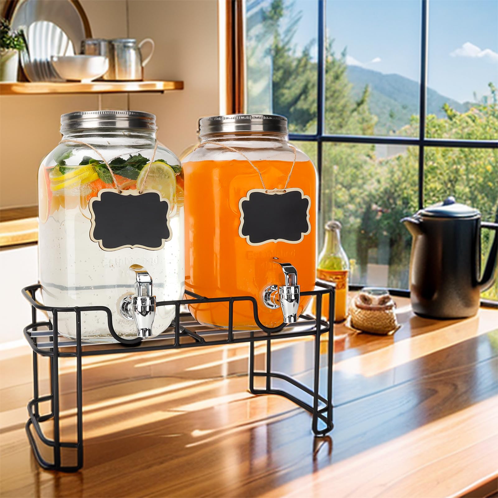 Dispensadores de bebidas de vidrio de 1 galón, paquete de 2 dispensadores de bebidas transparentes con soporte y espiga para fiestas, dispensador de bebidas con núcleo de hielo y calcomanía