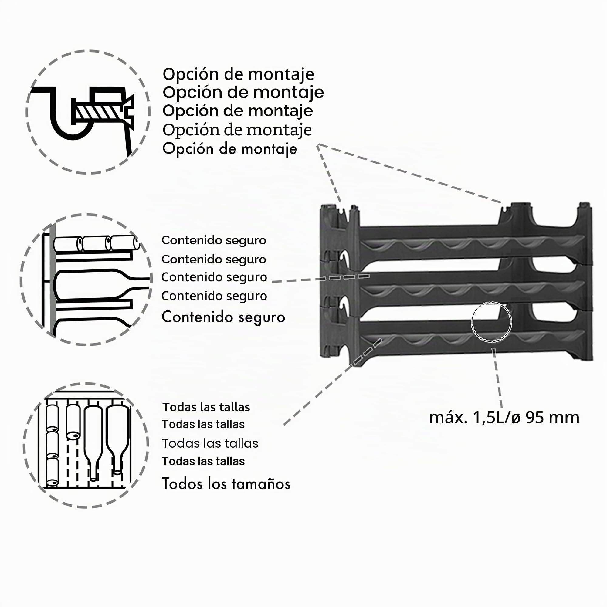 Grizzly Botellero - diseño Modular y apilable para 36 Botellas, botellero Negro