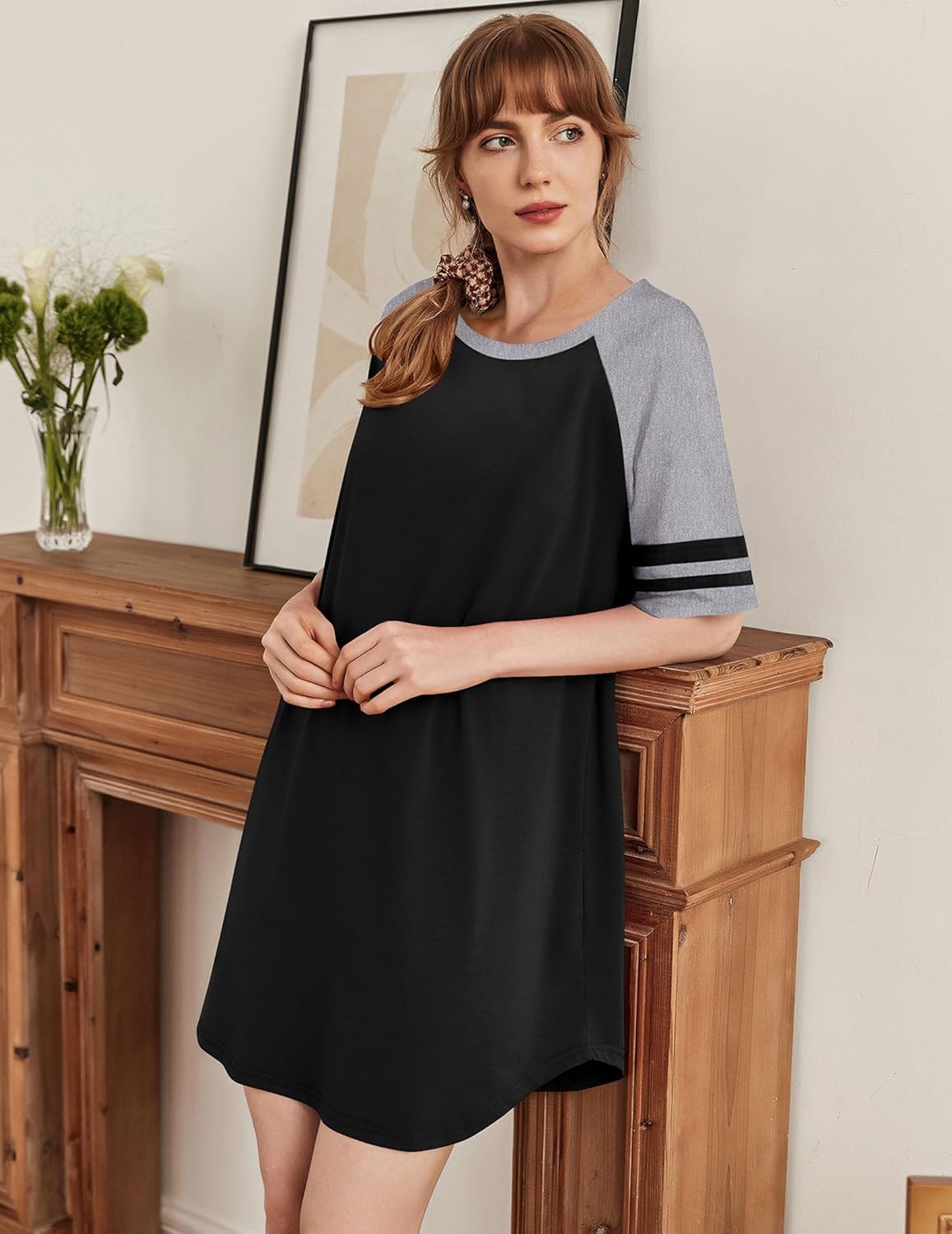 Ekouaer Cotton Nightgowns for Women Short Sleeve Sleep Shirts Crew Neck Night Shirts Soft Color Block Night Gown - Image 2