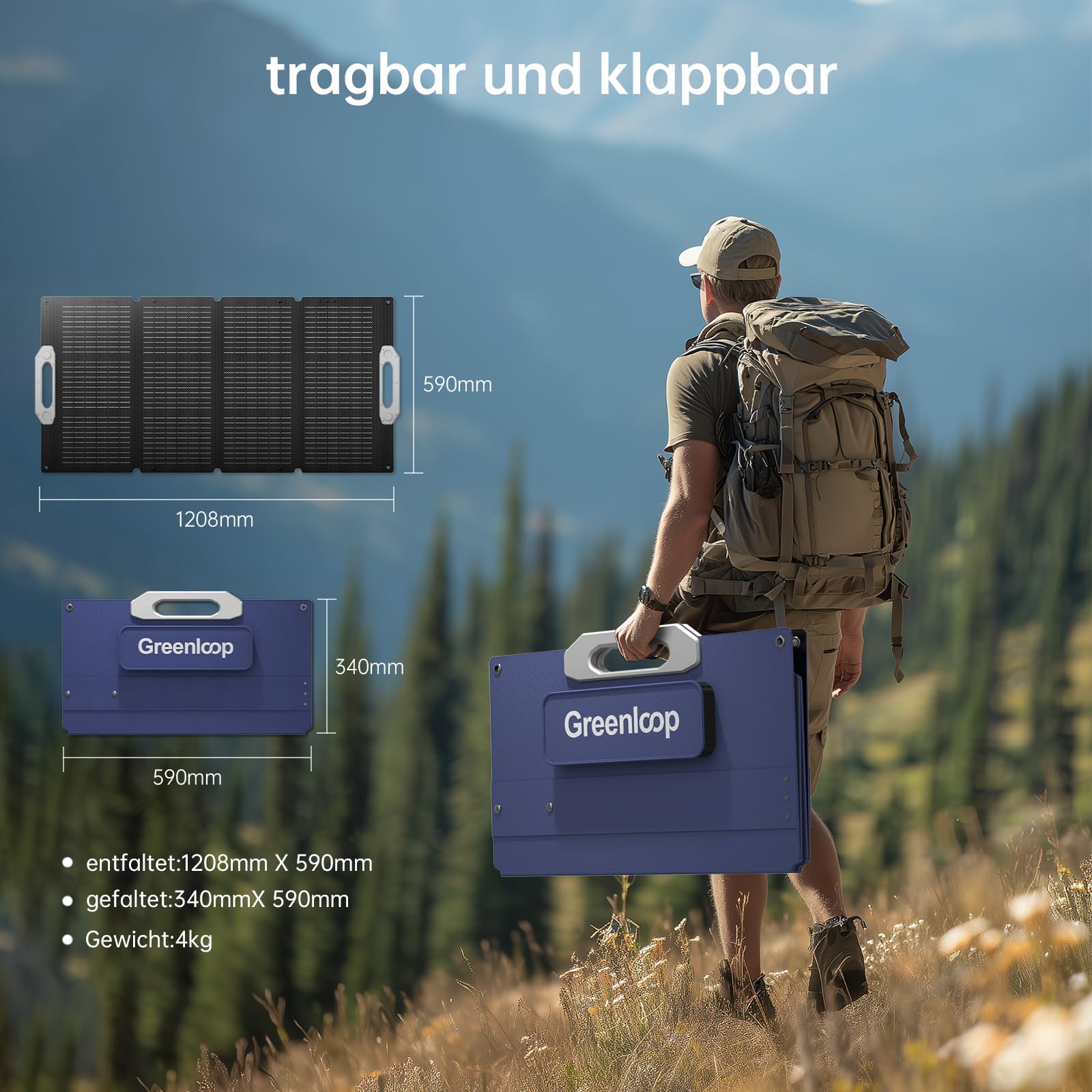 Greenloop Solarpanel 100W Faltbar Tragbares IP65 Wasserdicht ETEF Solarzellen 22,5% Wirkungsgrad 4kg Leicht inkl. Tragetasche